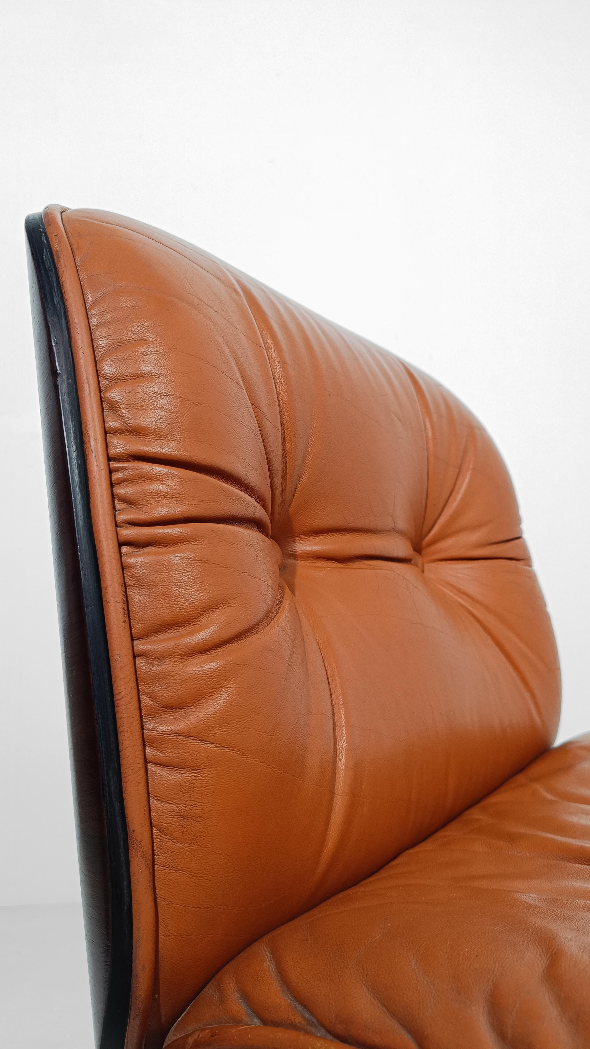 Silla de oficina de cuero coñac y palisandro de Ico Parisi para MIM Roma Italia, años 60 Moderno de mediados de siglo en venta