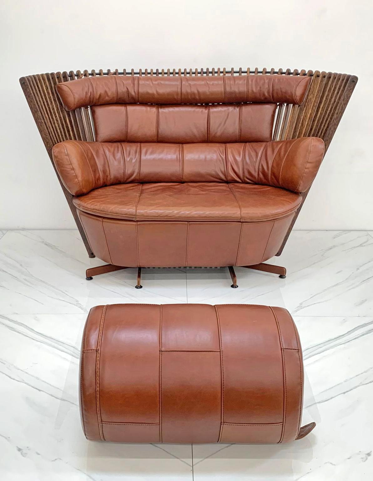 Bohemian Cognac Leather and Rosewood Tavarua Settee, Pacific Green Furniture, 1990's