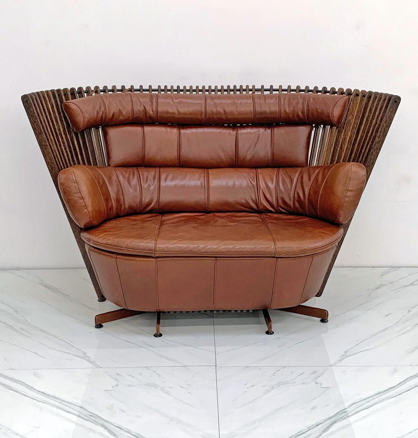 Late 20th Century Cognac Leather and Rosewood Tavarua Settee, Pacific Green Furniture, 1990's