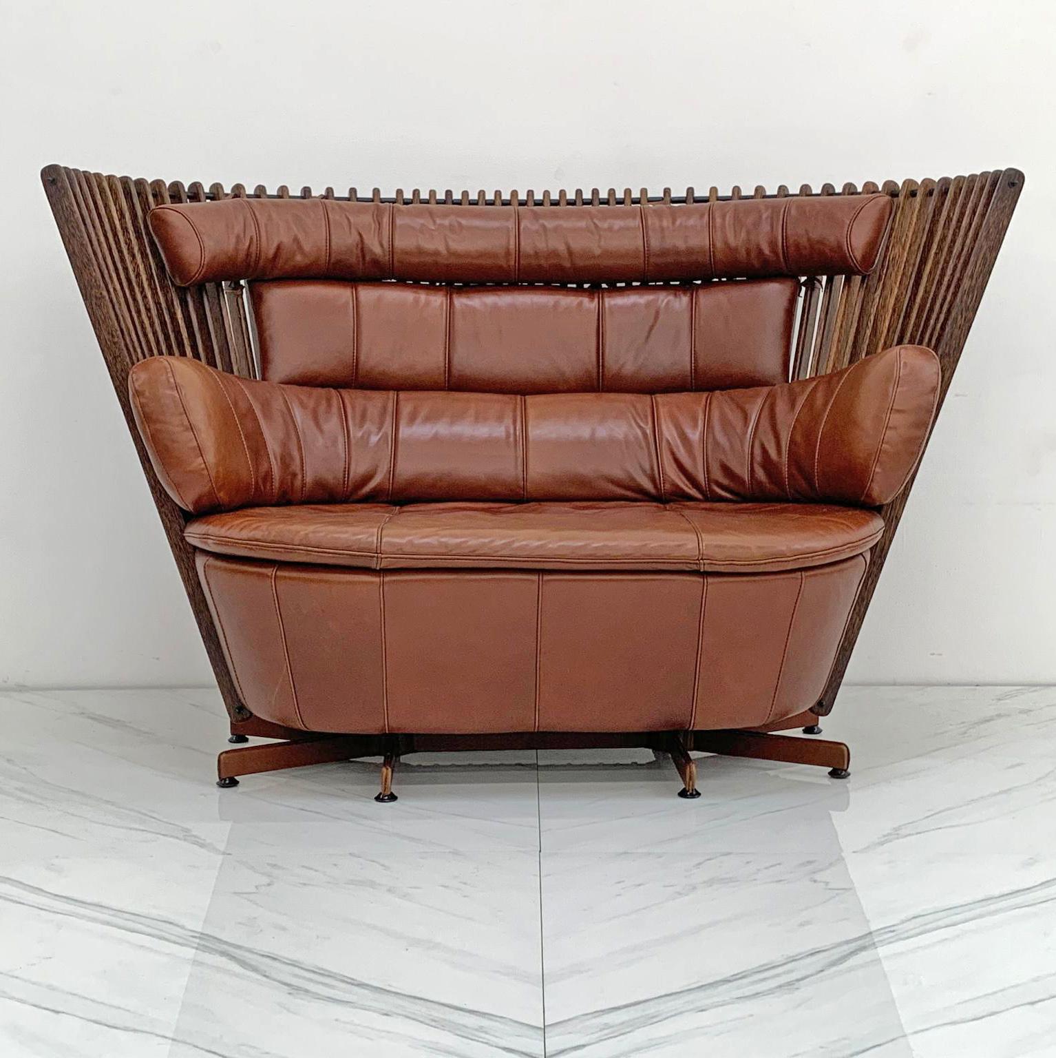 Cognac Leather and Rosewood Tavarua Settee, Pacific Green Furniture, 1990's 1