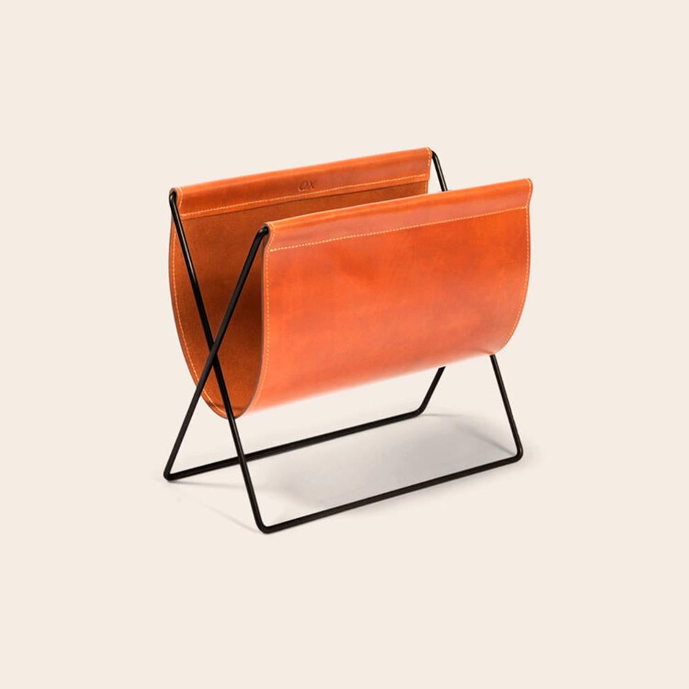 Danish Cognac Leather and Steel Maggiz Magazine Rack by OxDenmarq For Sale