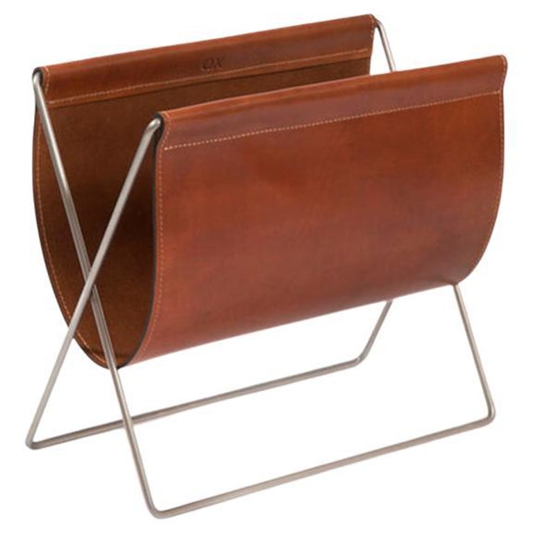 Cognac Leather and Steel Maggiz Magazine Rack by OxDenmarq For Sale at ...