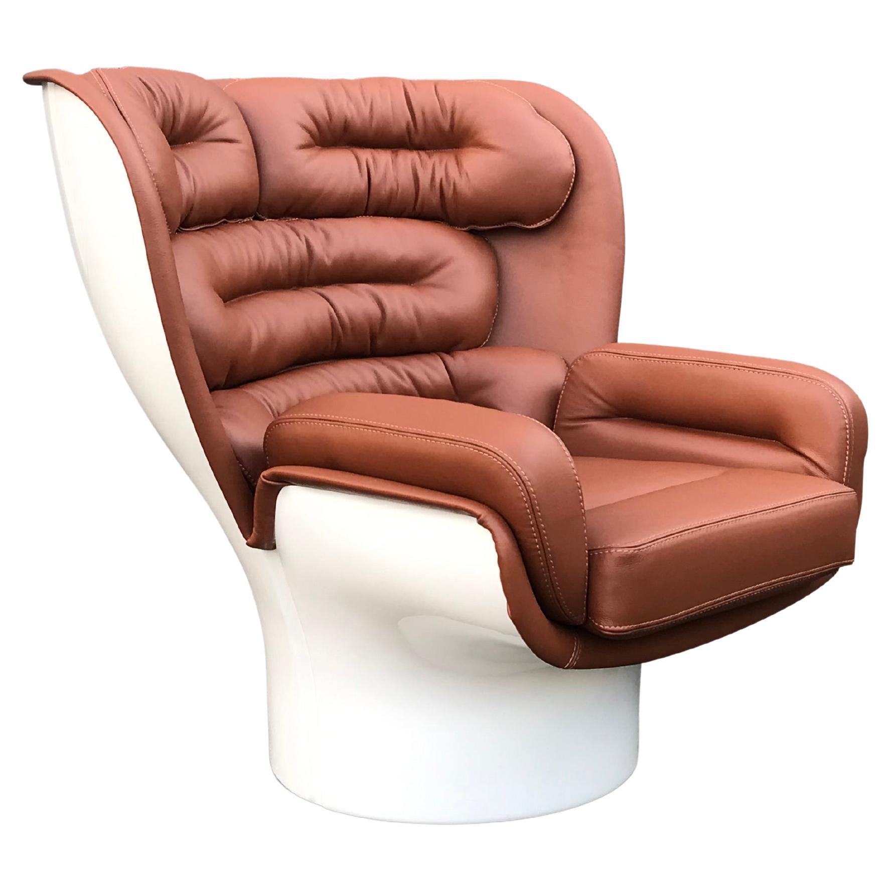 Cognac leather and white Elda chair by Joe Colombo for Longhi Italy For Sale