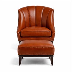 Cognac Leather Armchair & Ottoman Set with Nailhead Trim In Modern Classic Style