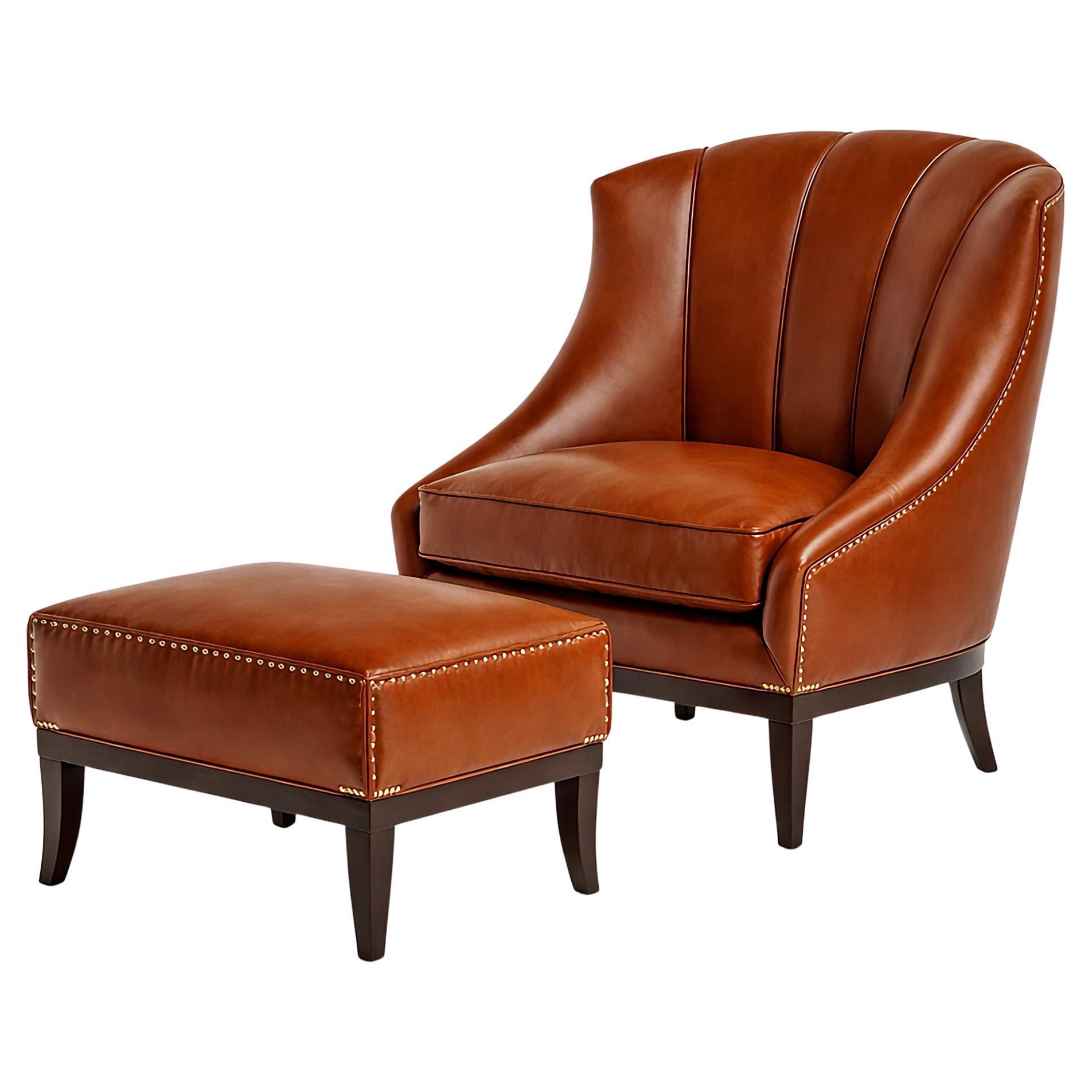Cognac Leather Armchair & Ottoman Set with Nailhead Trim In Modern Classic Style For Sale