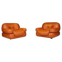 Cognac Leather Armchairs by Sapporo for Mobil Girgi, Italy 1970s