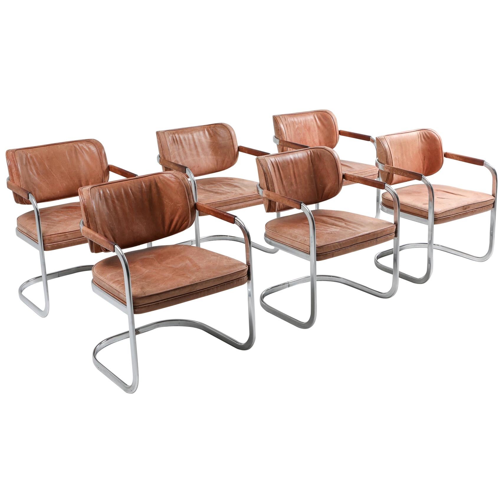 Cognac Leather Armchairs Set of 6 by Knoll