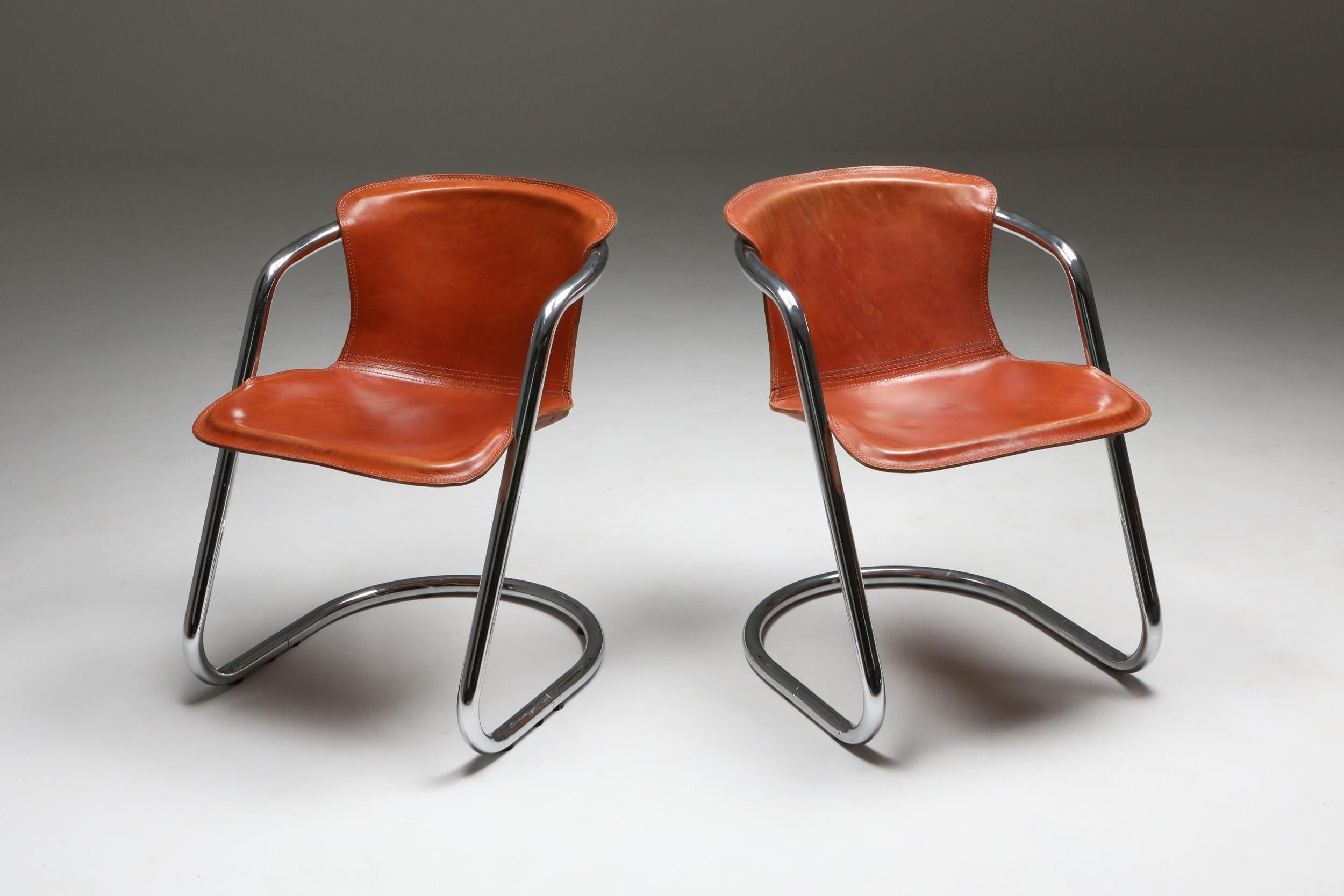20th Century Cognac Leather Armchairs Willy Rizzo