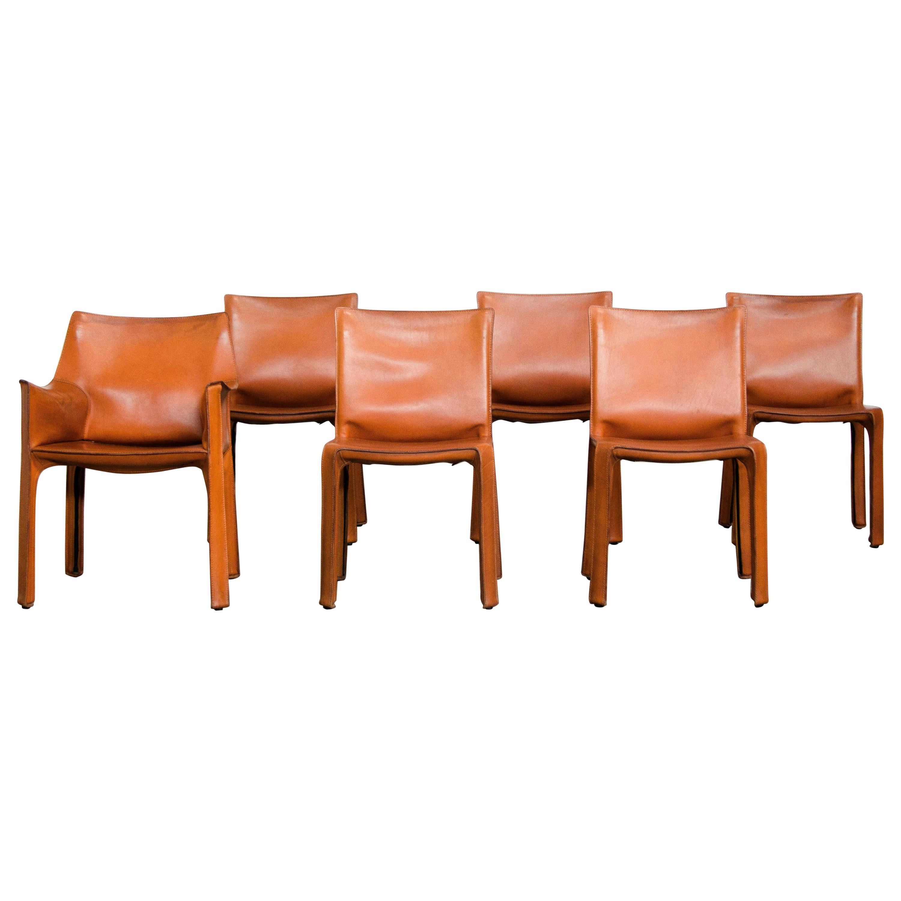 Cognac Leather "Cab" Chairs by Mario Bellini, 1980s, Set of 5