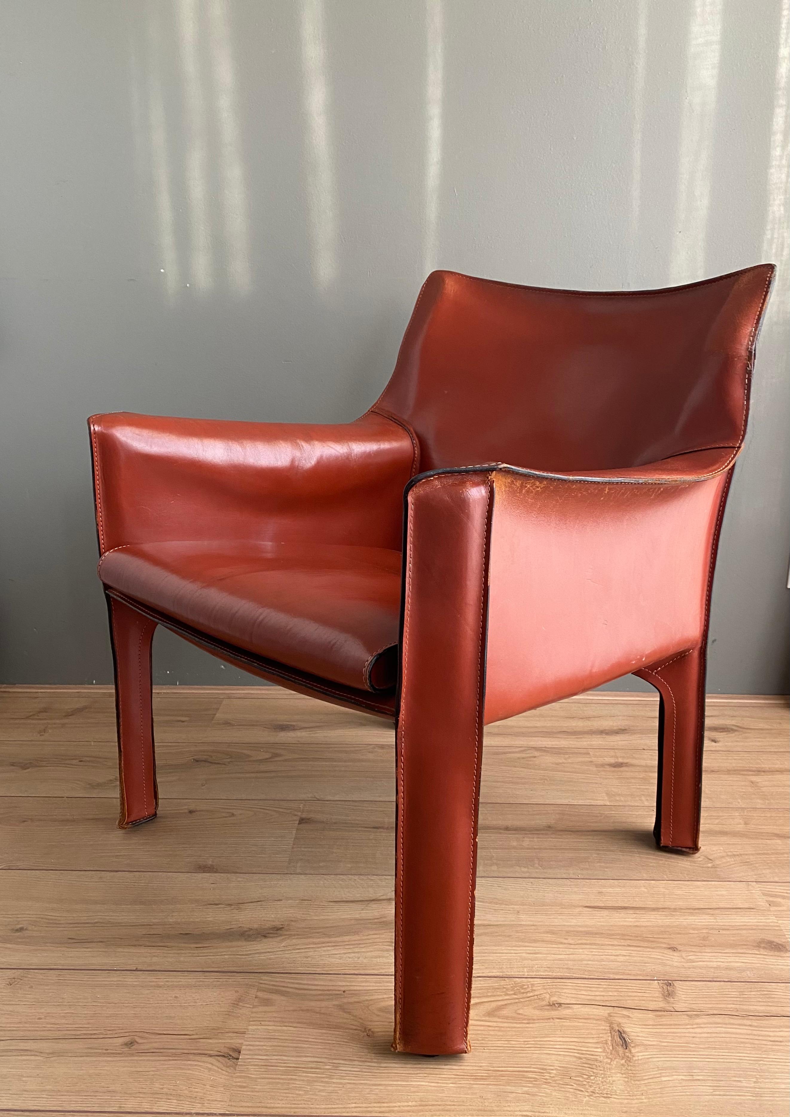 Post-Modern Cognac Leather Cab Lounge Chair by Mario Bellini, 1970s For Sale