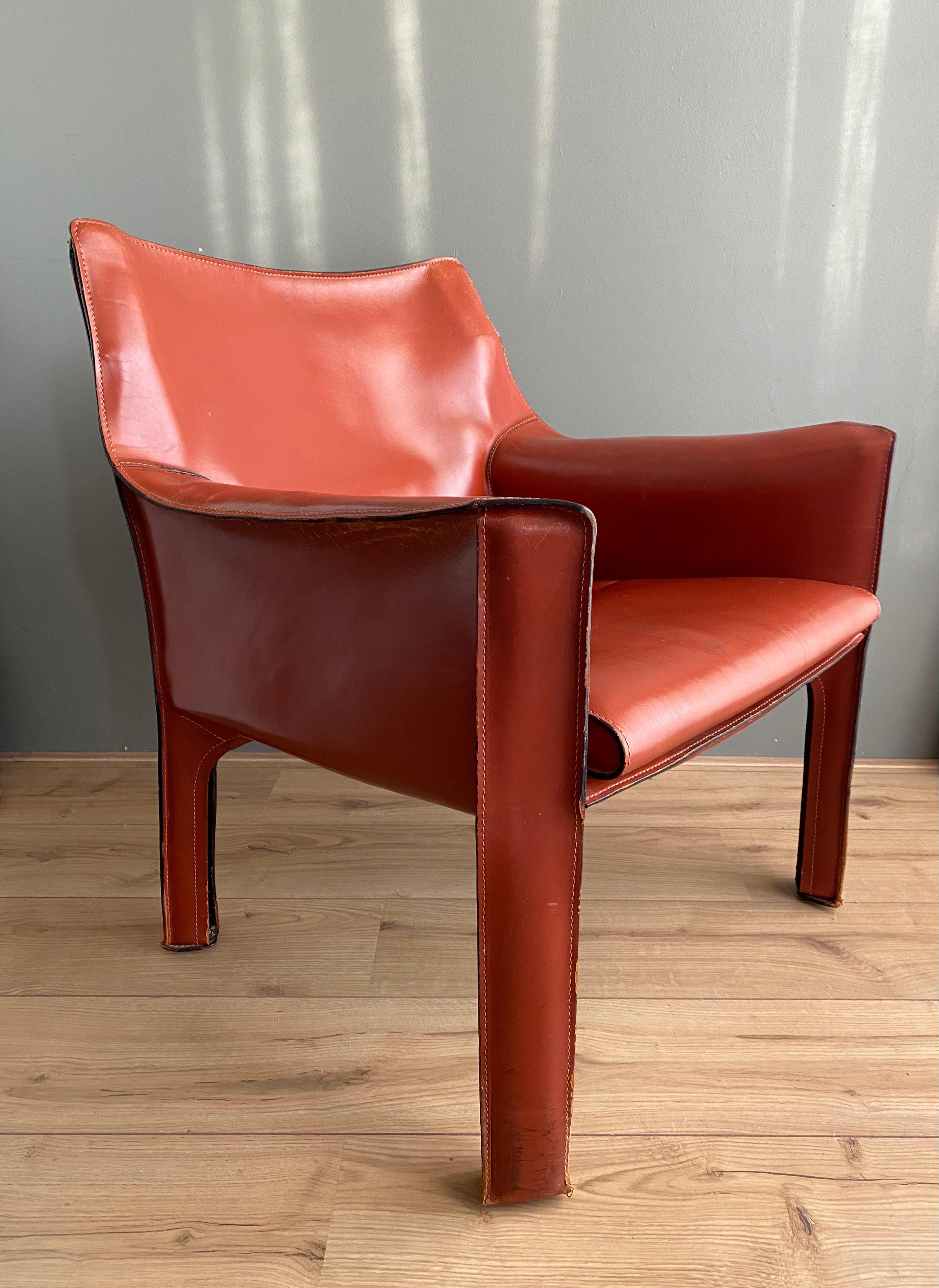 Italian Cognac Leather Cab Lounge Chair by Mario Bellini, 1970s For Sale