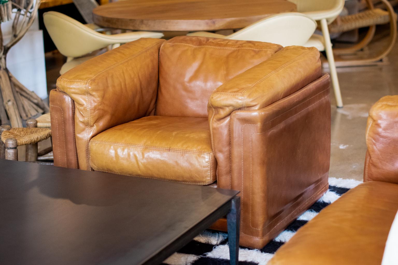 Mid-Century Modern Cognac Leather Chair, Italy 1970s-1980s