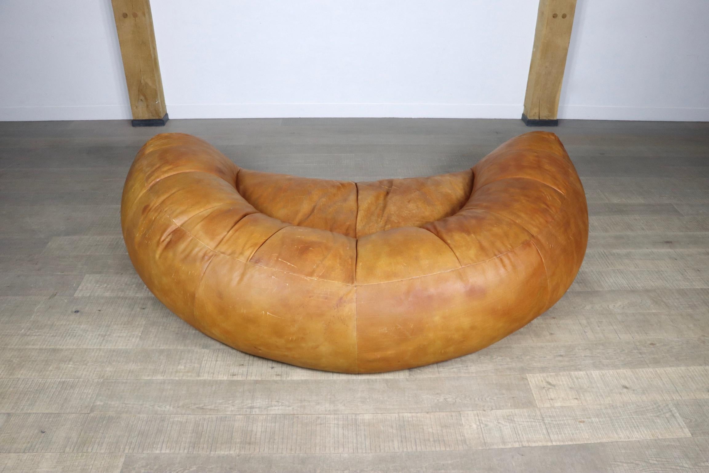Cognac Leather Croissant Sofa by Raphael Raffel for Honore Paris, 1970s 6