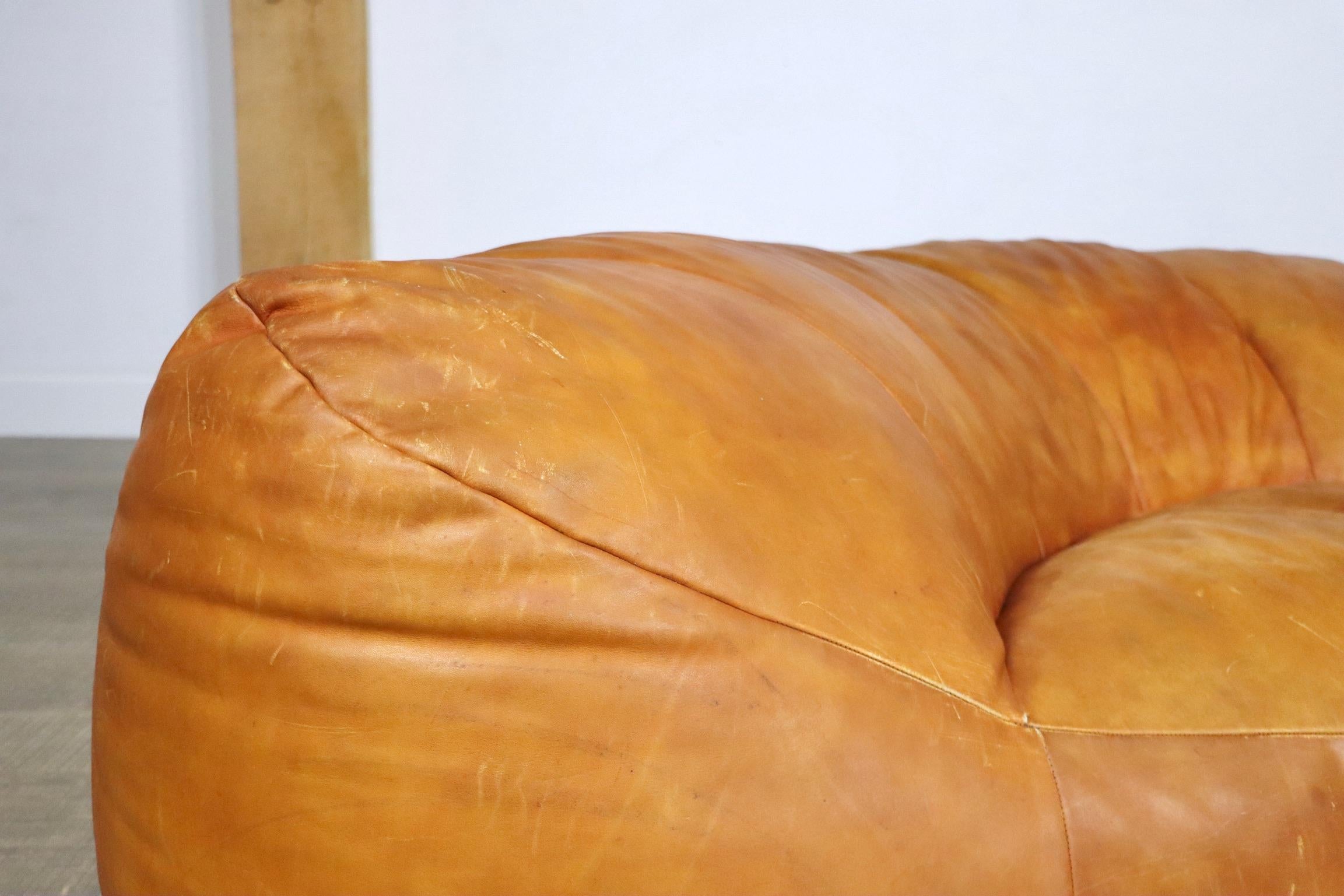 Cognac Leather Croissant Sofa by Raphael Raffel for Honore Paris, 1970s 7