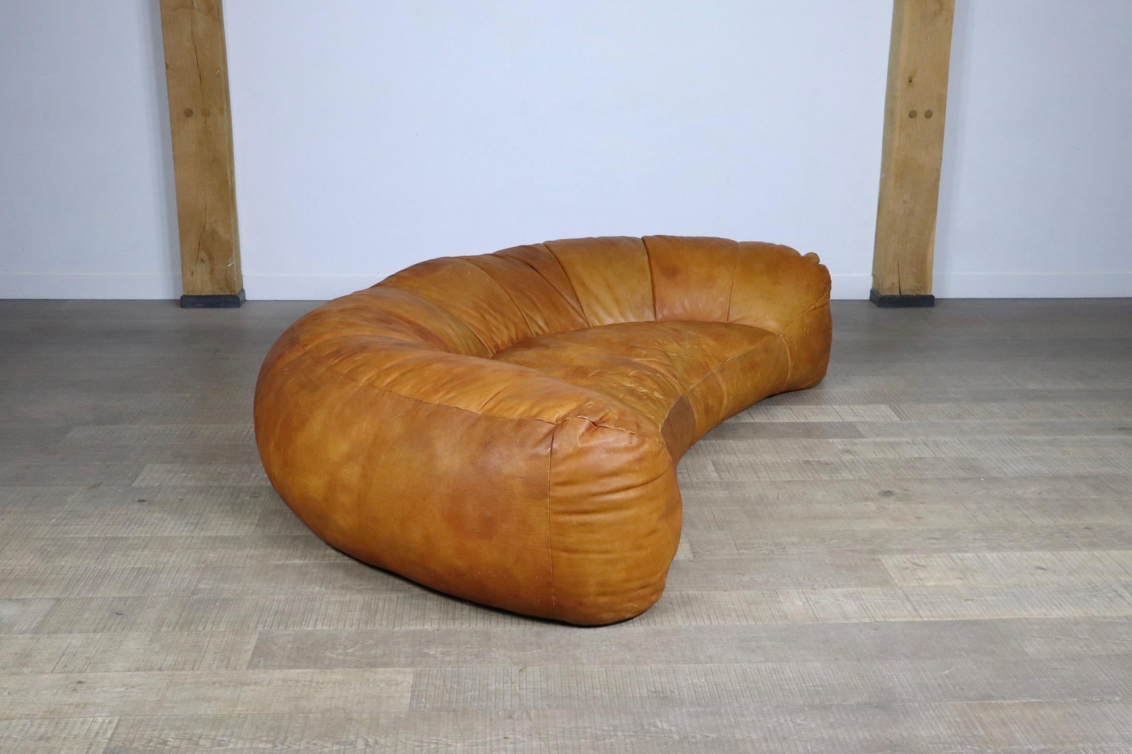 Late 20th Century Cognac Leather Croissant Sofa by Raphael Raffel for Honore Paris, 1970s