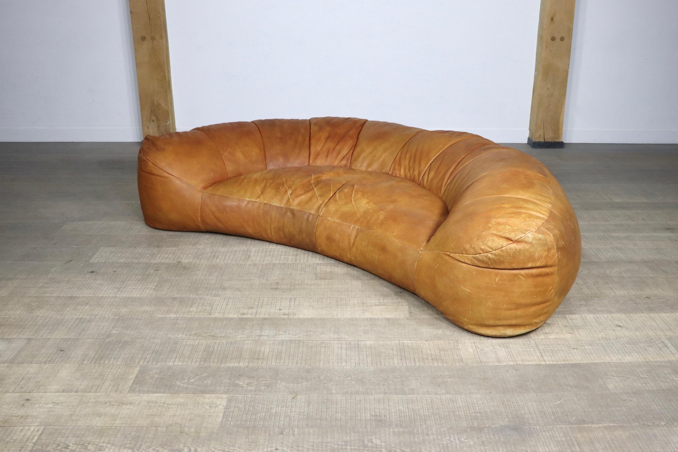 Cognac Leather Croissant Sofa by Raphael Raffel for Honore Paris, 1970s 1