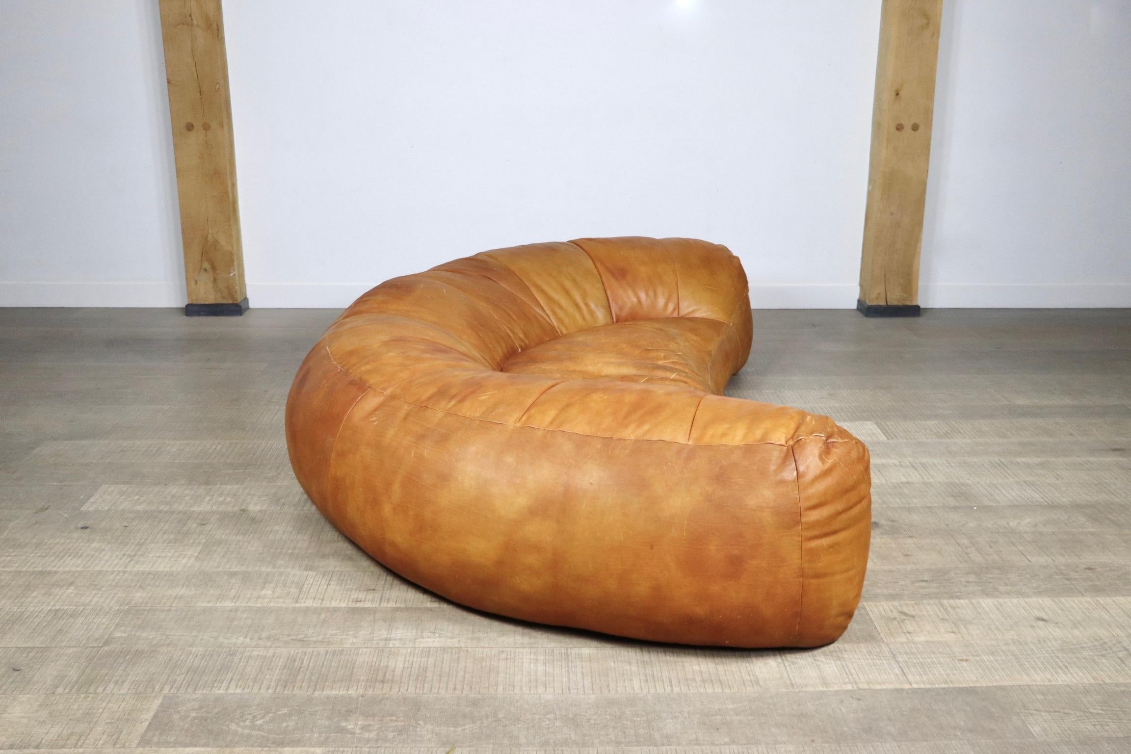 Cognac Leather Croissant Sofa by Raphael Raffel for Honore Paris, 1970s 2
