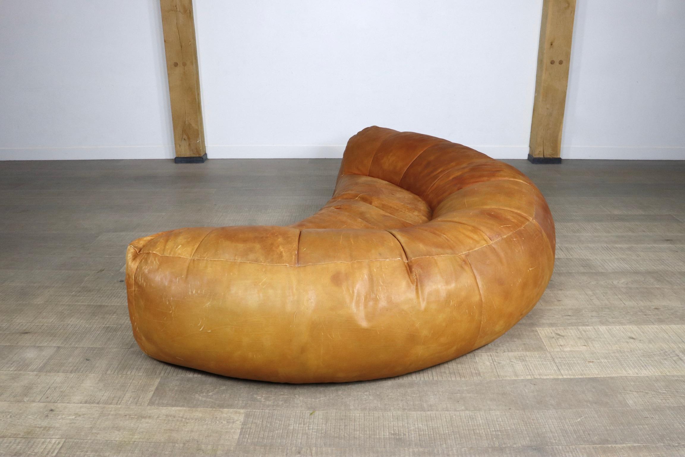 Cognac Leather Croissant Sofa by Raphael Raffel for Honore Paris, 1970s 3