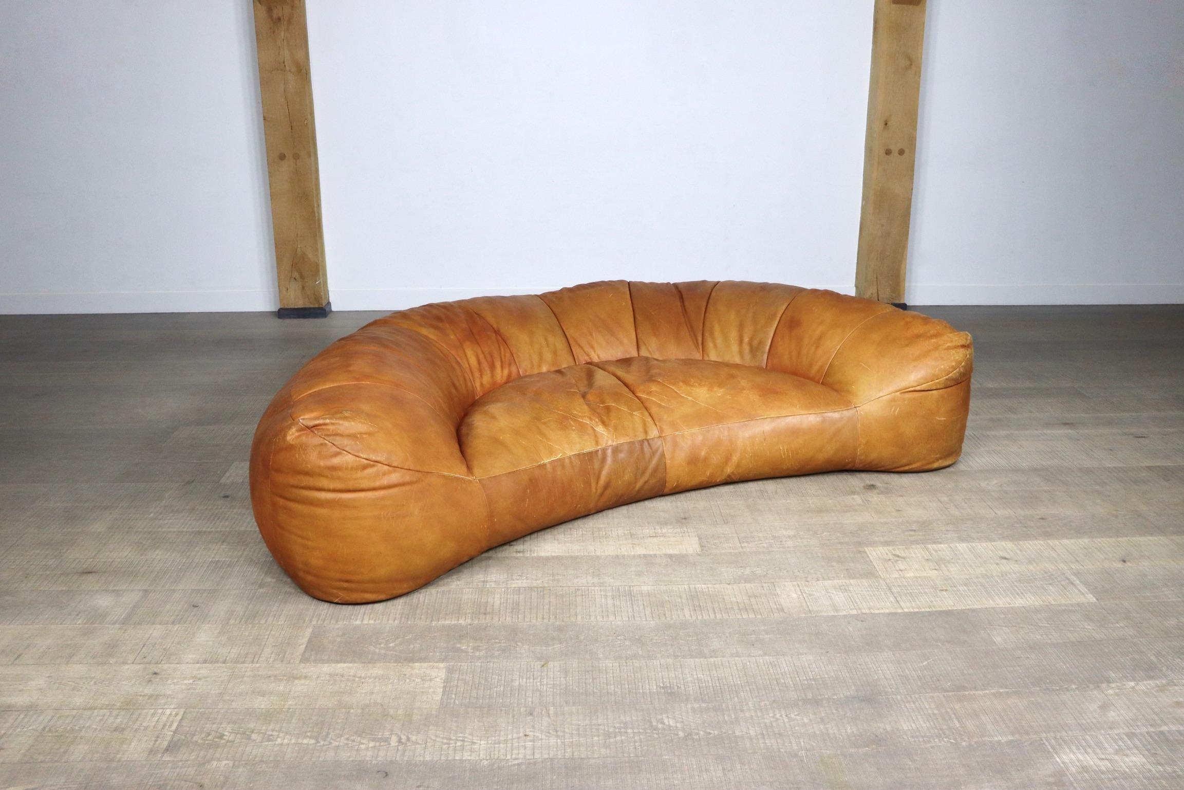 Cognac Leather Croissant Sofa by Raphael Raffel for Honore Paris, 1970s 4