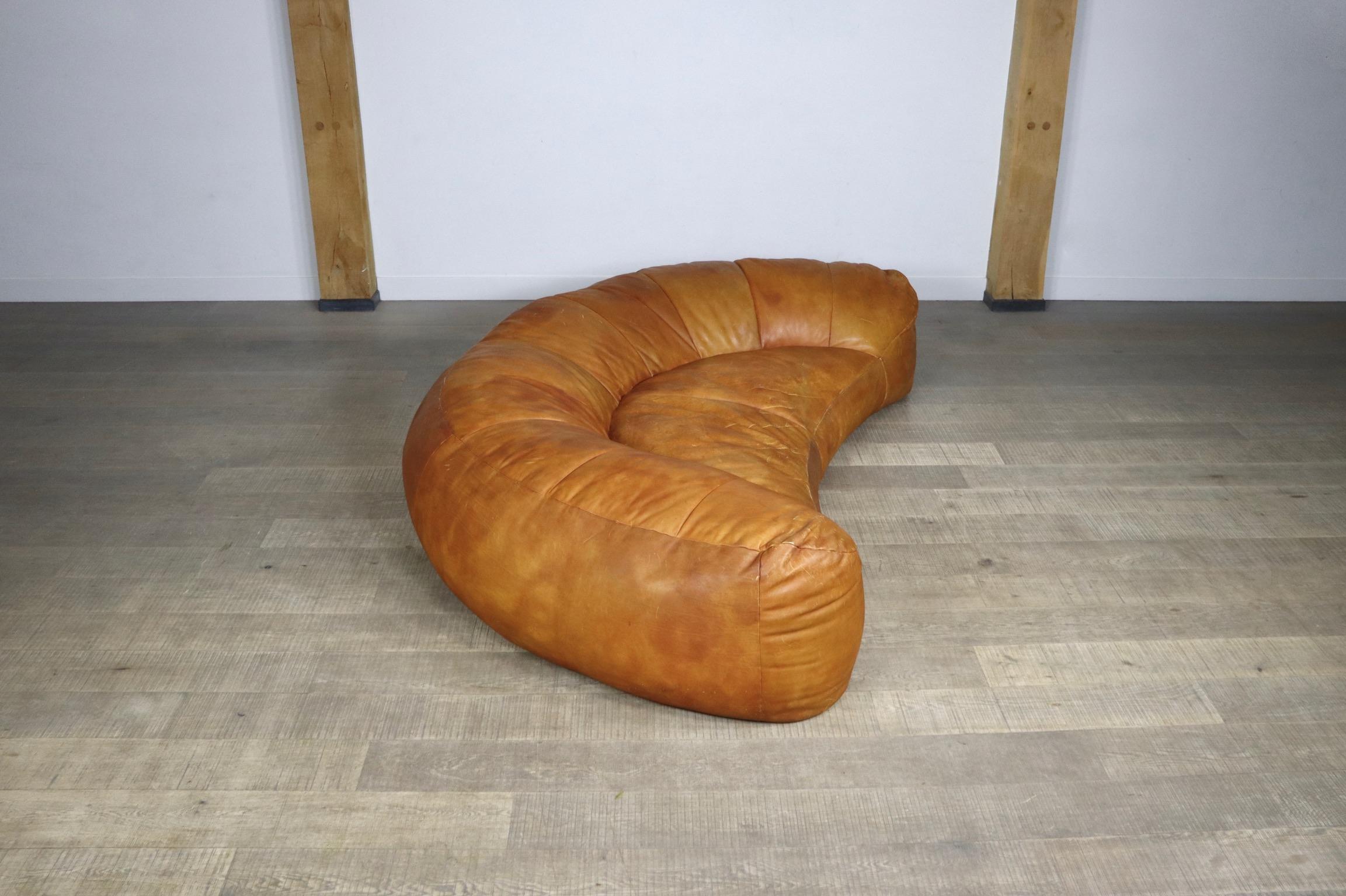 Cognac Leather Croissant Sofa by Raphael Raffel for Honore Paris, 1970s 5