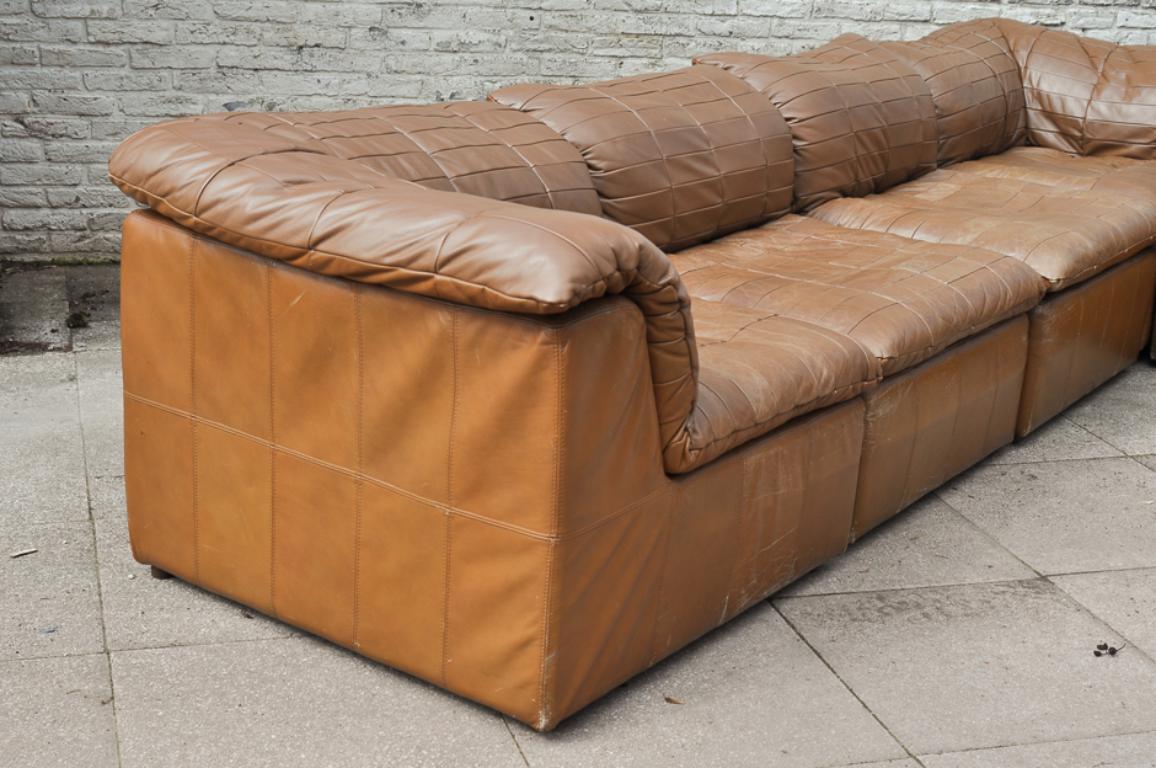 Cognac Leather “De Sede Style” Patchwork Element Sofa Attrb. Laauser, Germany 4