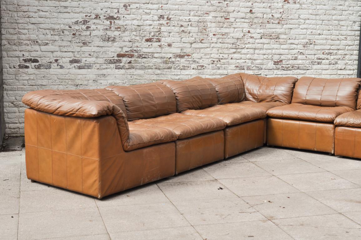 Mid-Century Modern Cognac Leather “De Sede Style” Patchwork Element Sofa Attrb. Laauser, Germany