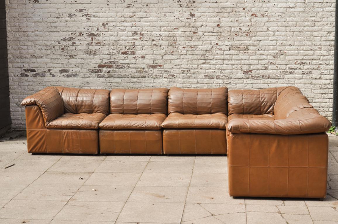 Swiss Cognac Leather “De Sede Style” Patchwork Element Sofa Attrb. Laauser, Germany