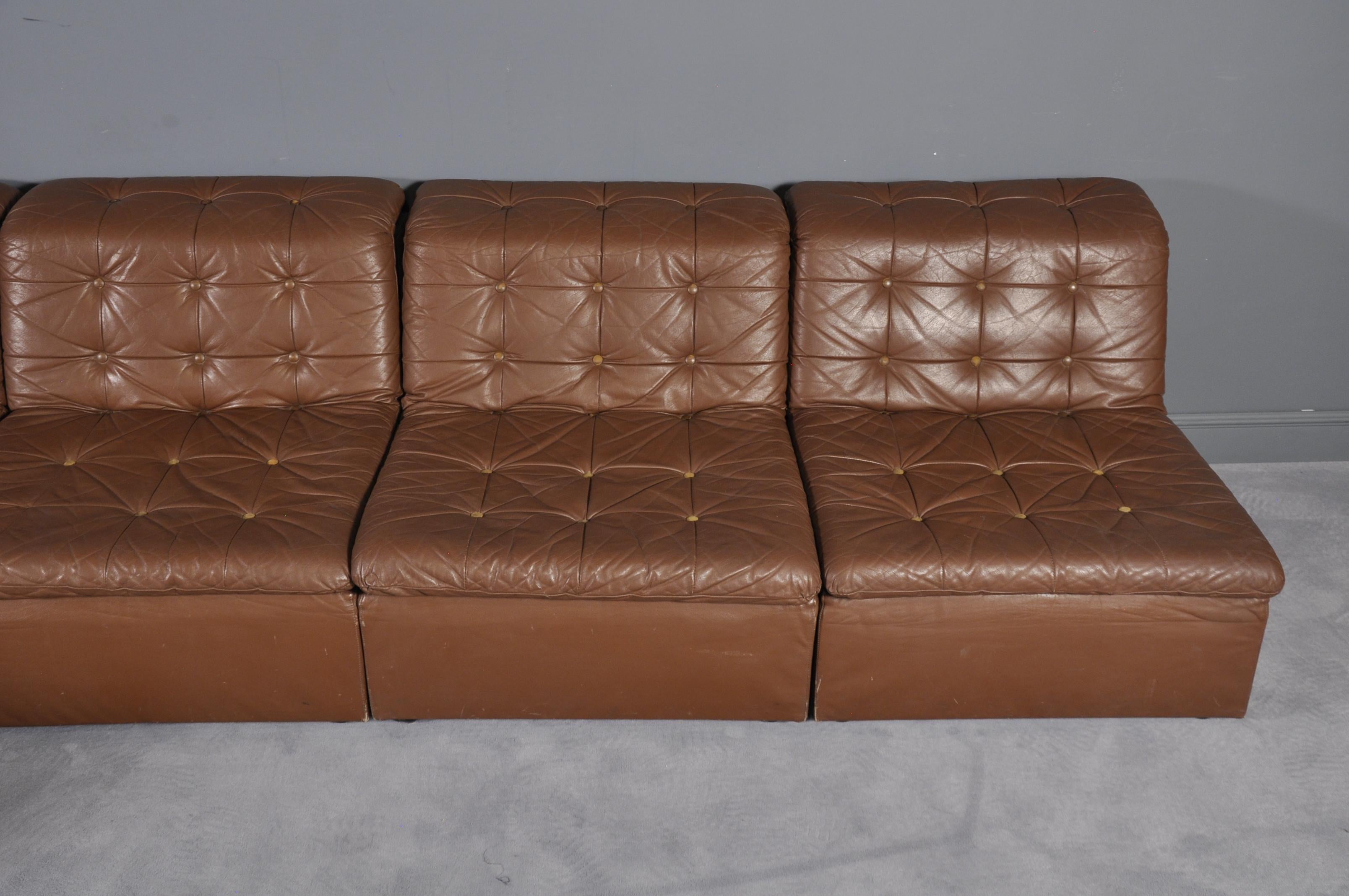 Mid-Century Modern Cognac Leather “De Sede Style” Patchwork Modular Sofa from Laauser, Germany 1970 For Sale