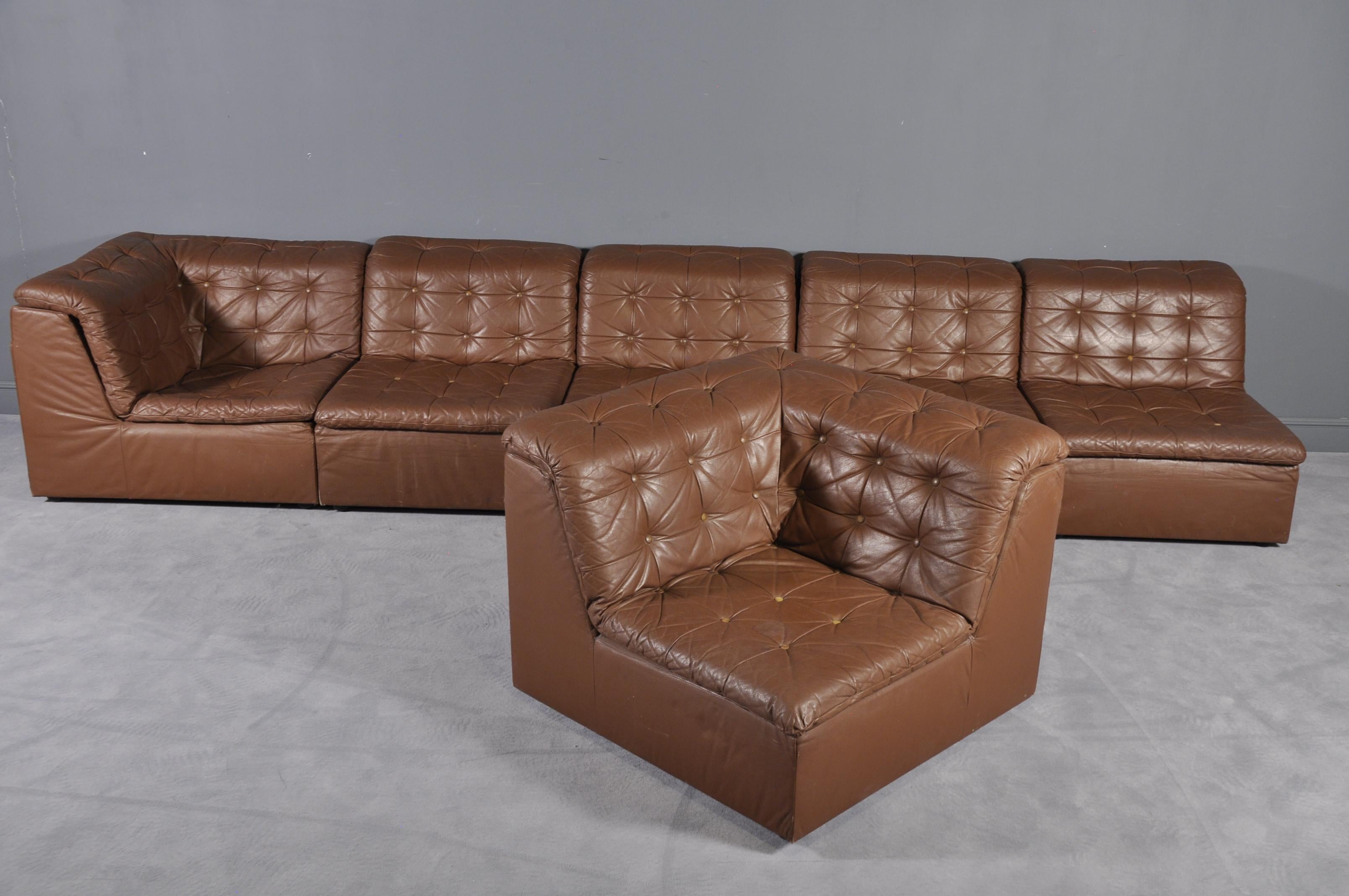 Late 20th Century Cognac Leather “De Sede Style” Patchwork Modular Sofa from Laauser, Germany 1970 For Sale