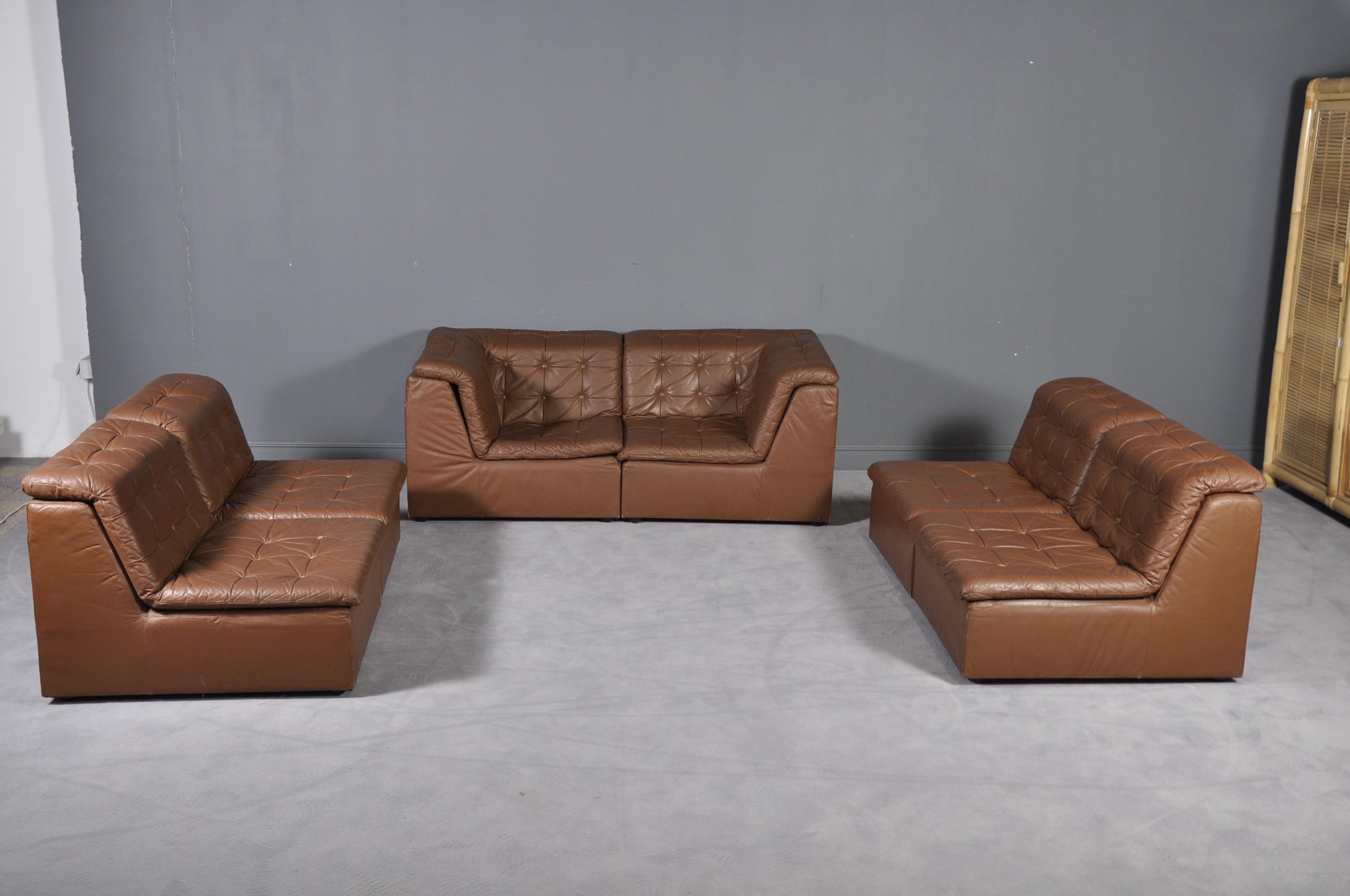 Cognac Leather “De Sede Style” Patchwork Modular Sofa from Laauser, Germany 1970 For Sale 3