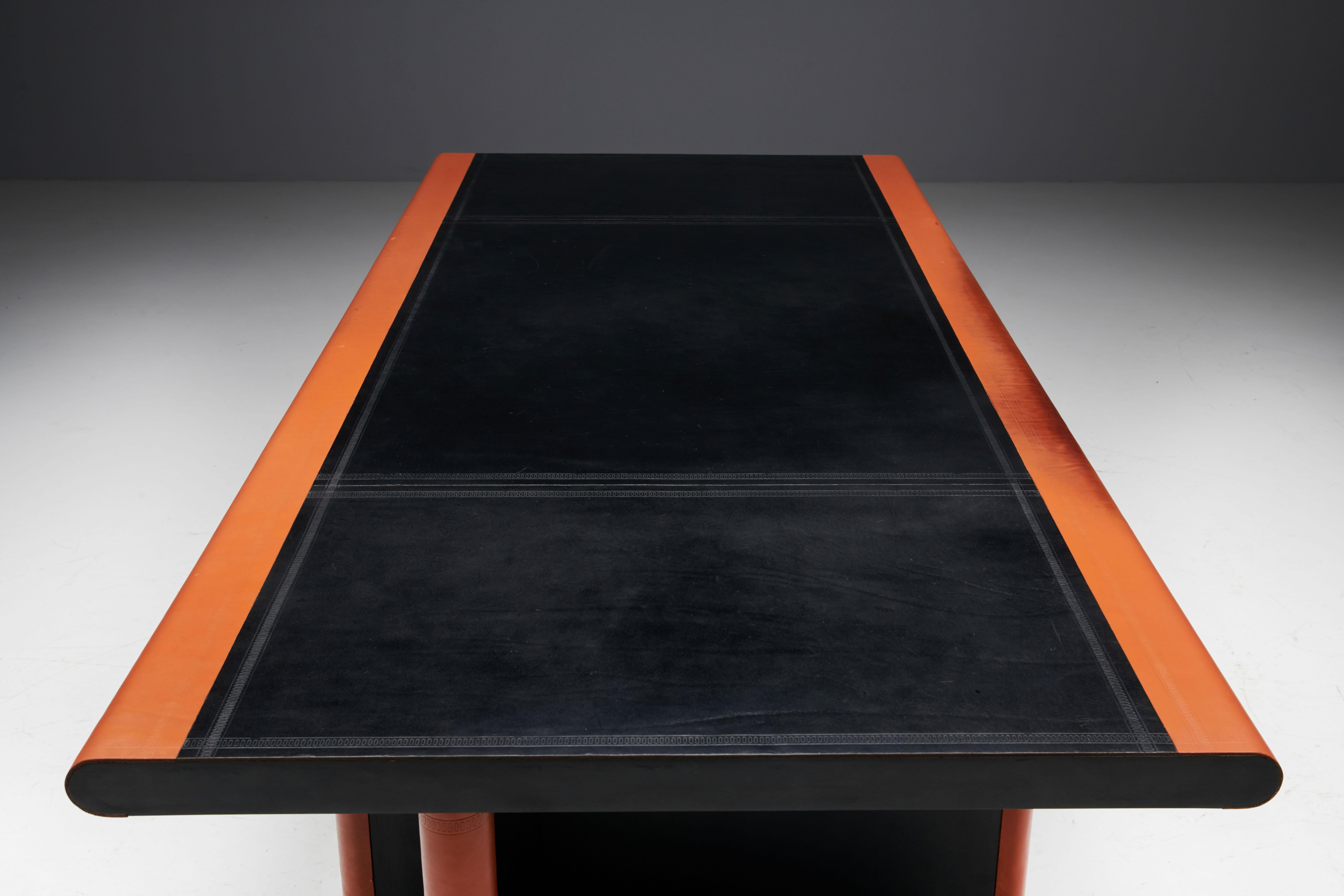 Cognac Leather Desk by Guido Faleschini for Mariani, Italy, 1970s For Sale 7