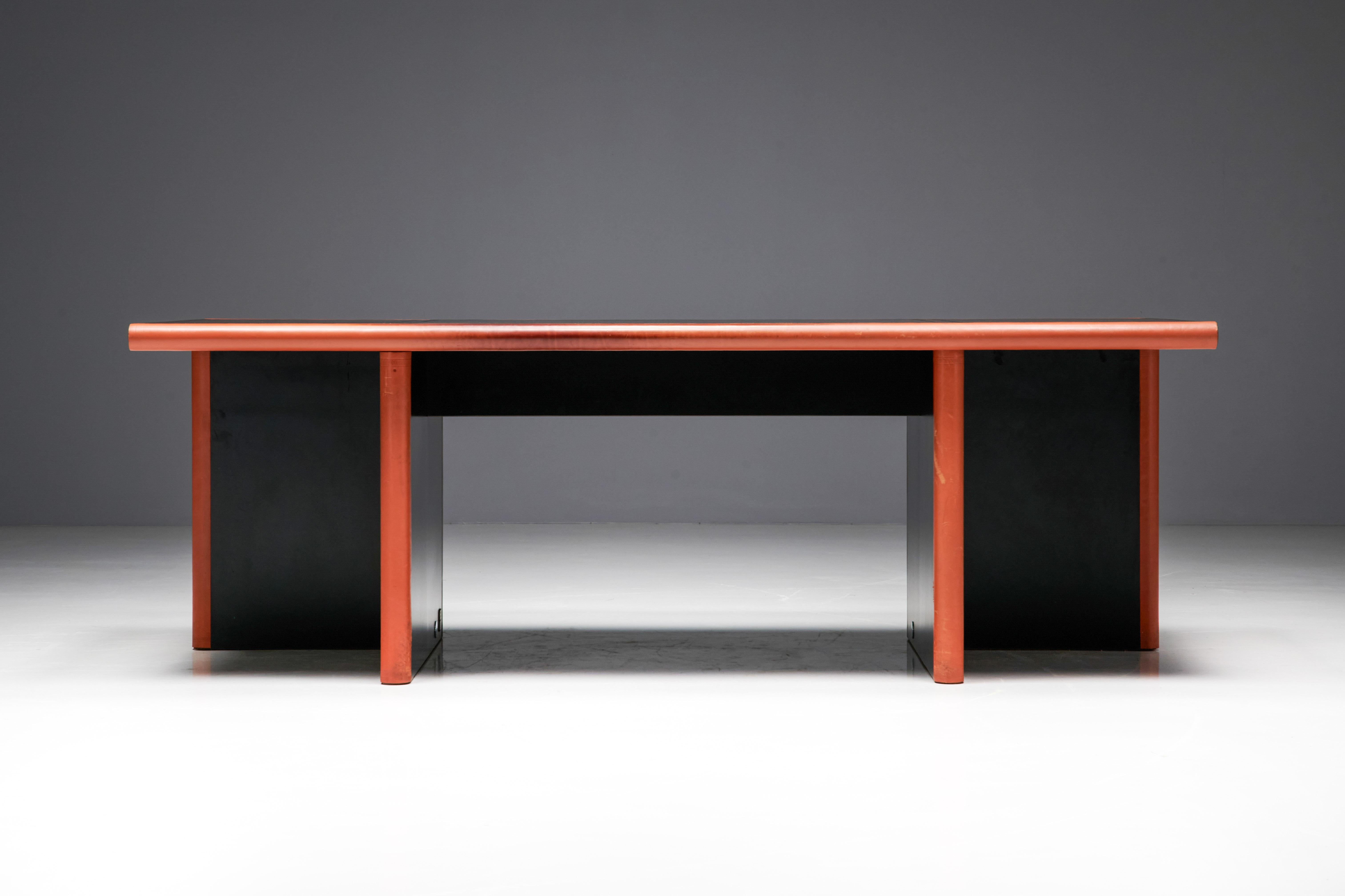 Cognac Leather Desk by Guido Faleschini for Mariani, Italy, 1970s For Sale 8