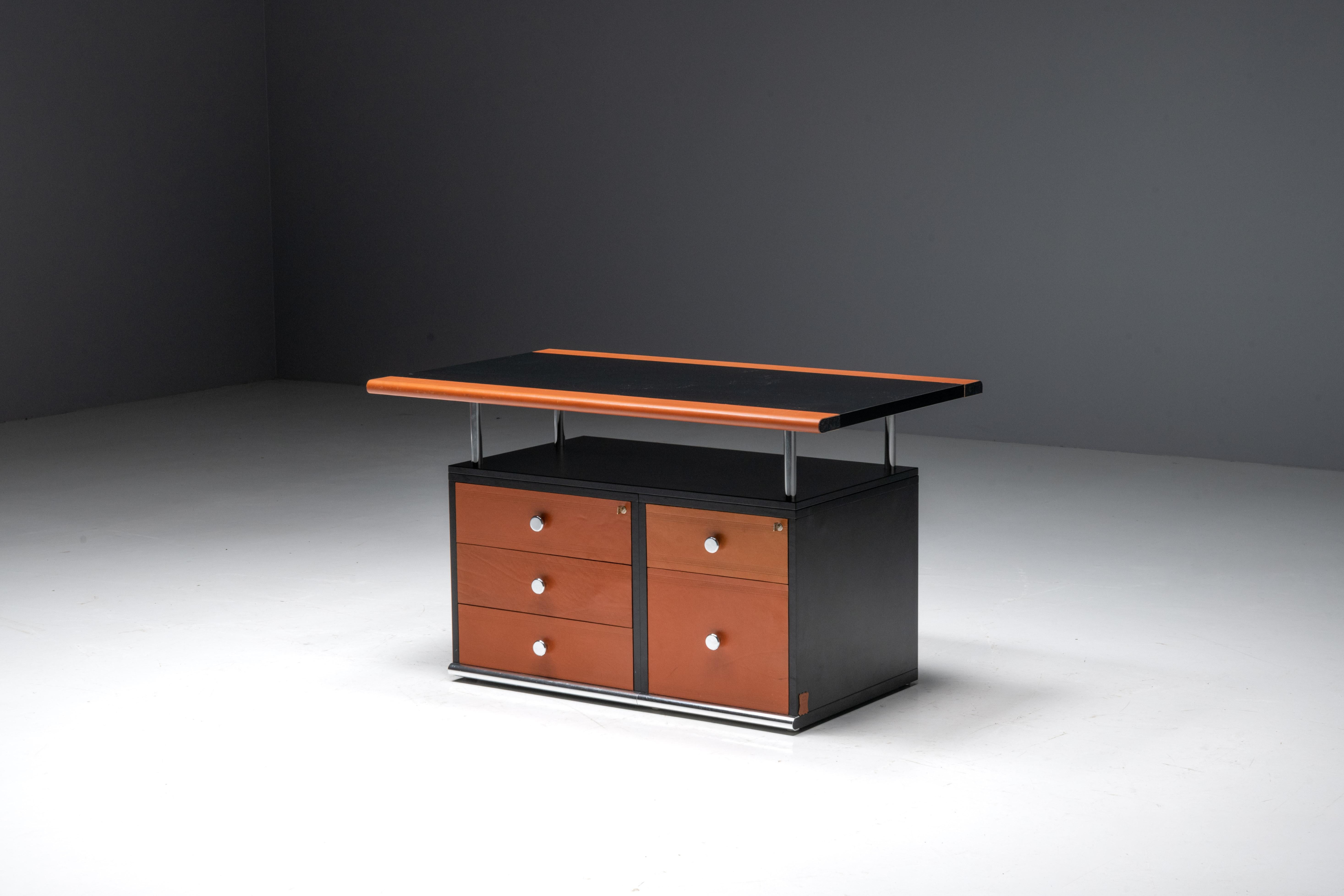 Cognac Leather Desk by Guido Faleschini for Mariani, Italy, 1970s For Sale 9