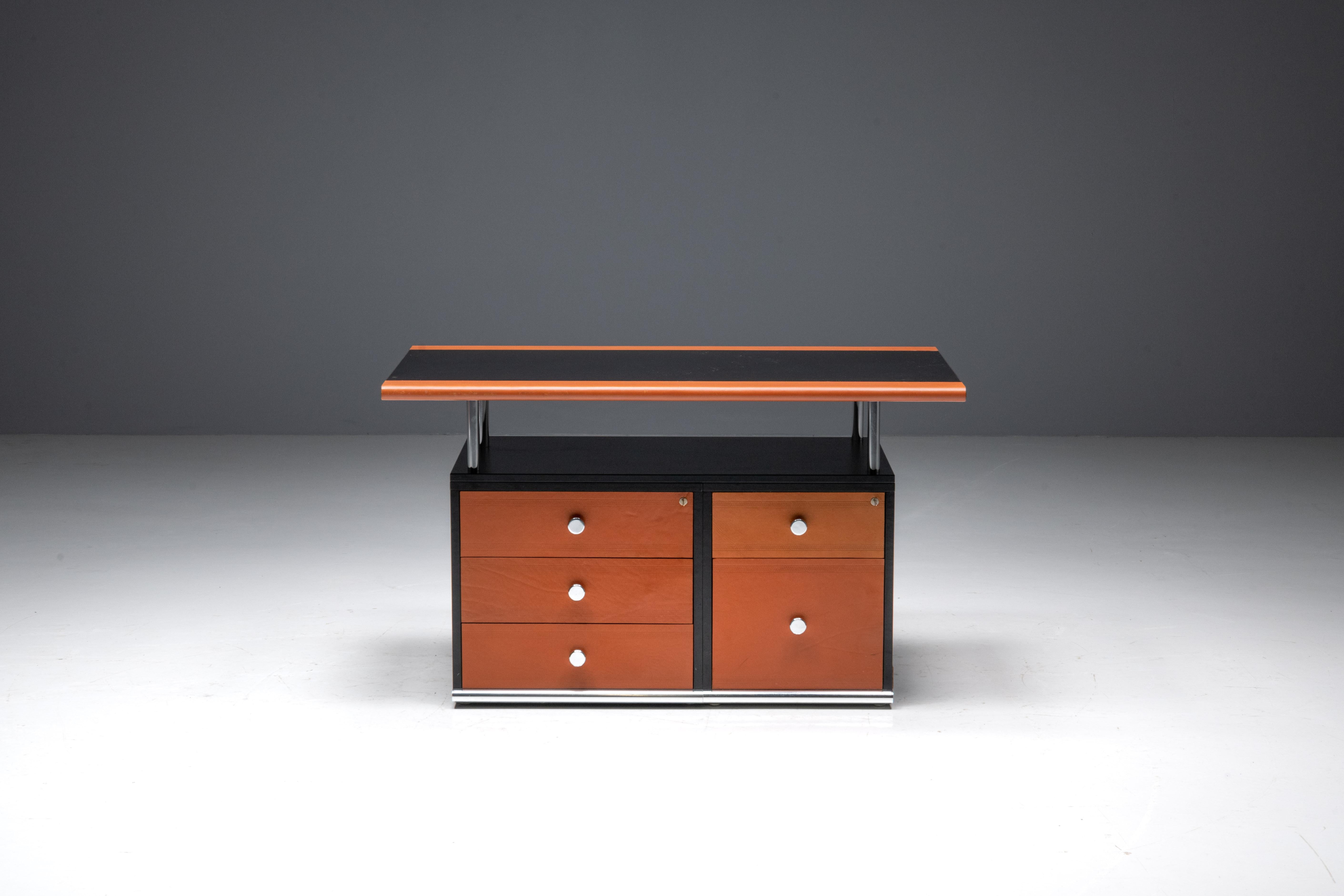Cognac Leather Desk by Guido Faleschini for Mariani, Italy, 1970s For Sale 10