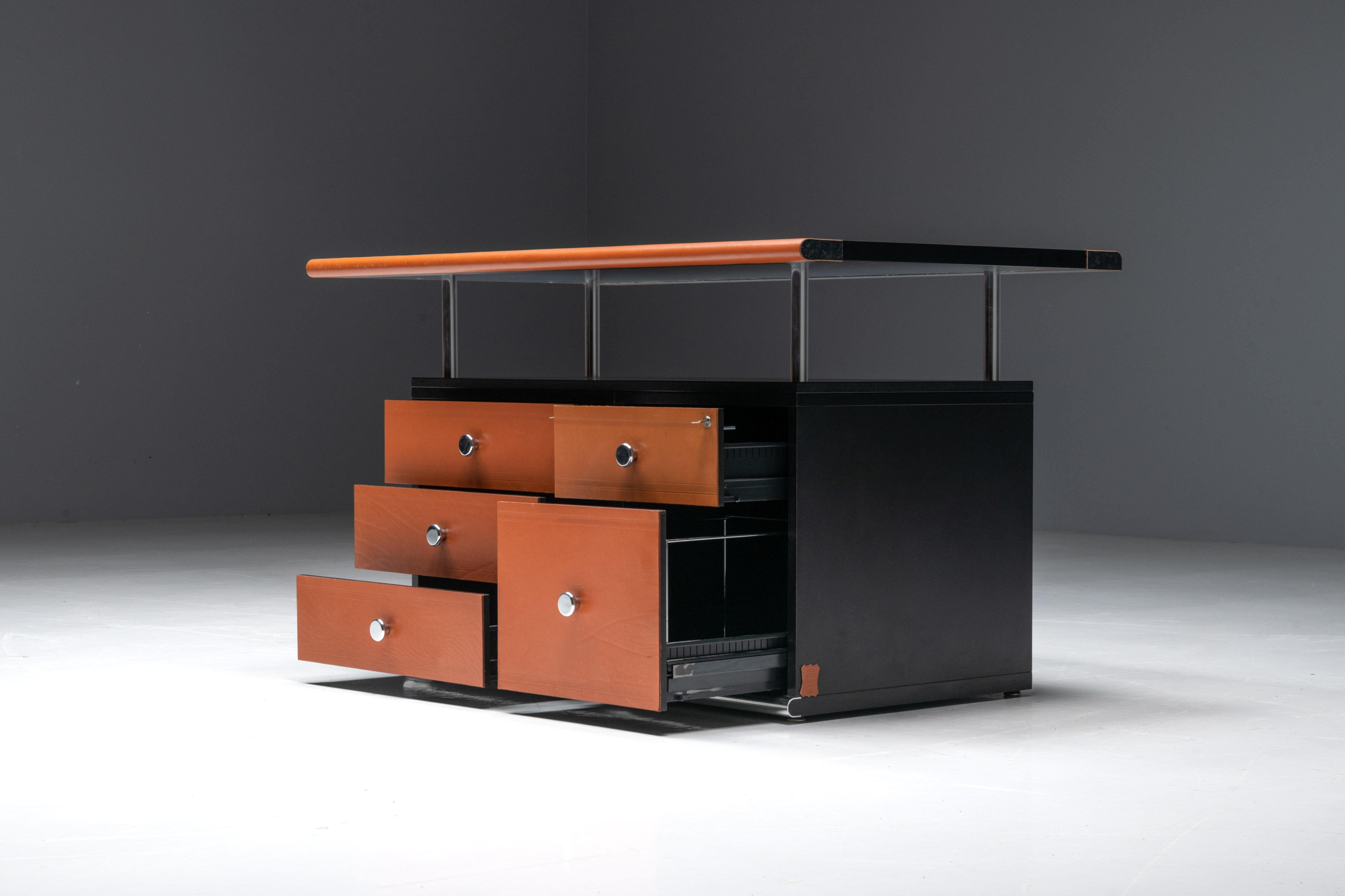 Cognac Leather Desk by Guido Faleschini for Mariani, Italy, 1970s For Sale 11