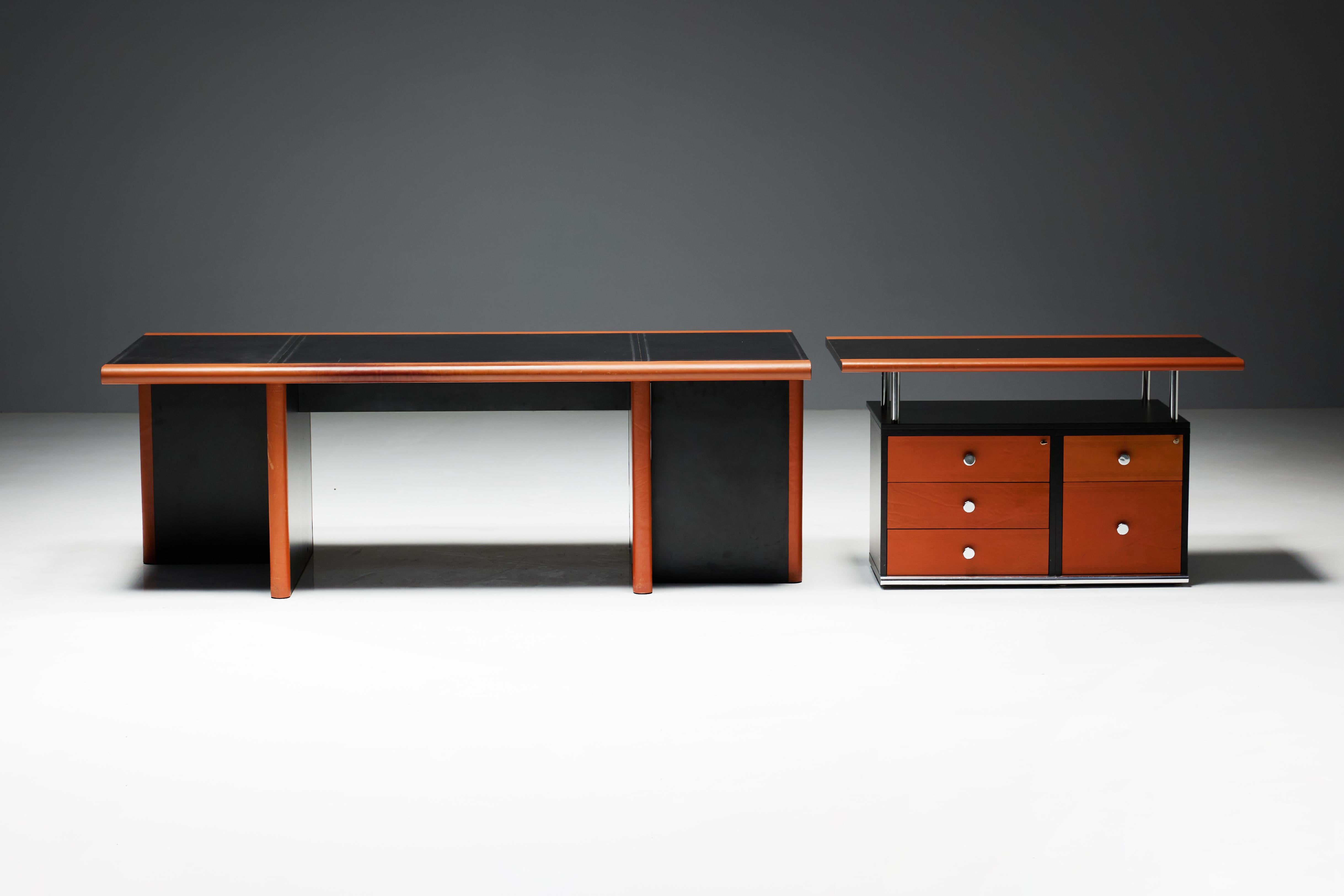 This desk is a stunning creation by the visionary Italian designer Guido Faleschini for I4 Mariani. Embracing the vibrant spirit and vivid hues of the seventies, this desk encapsulates the essence of that era. Clad entirely in a rich red cognac