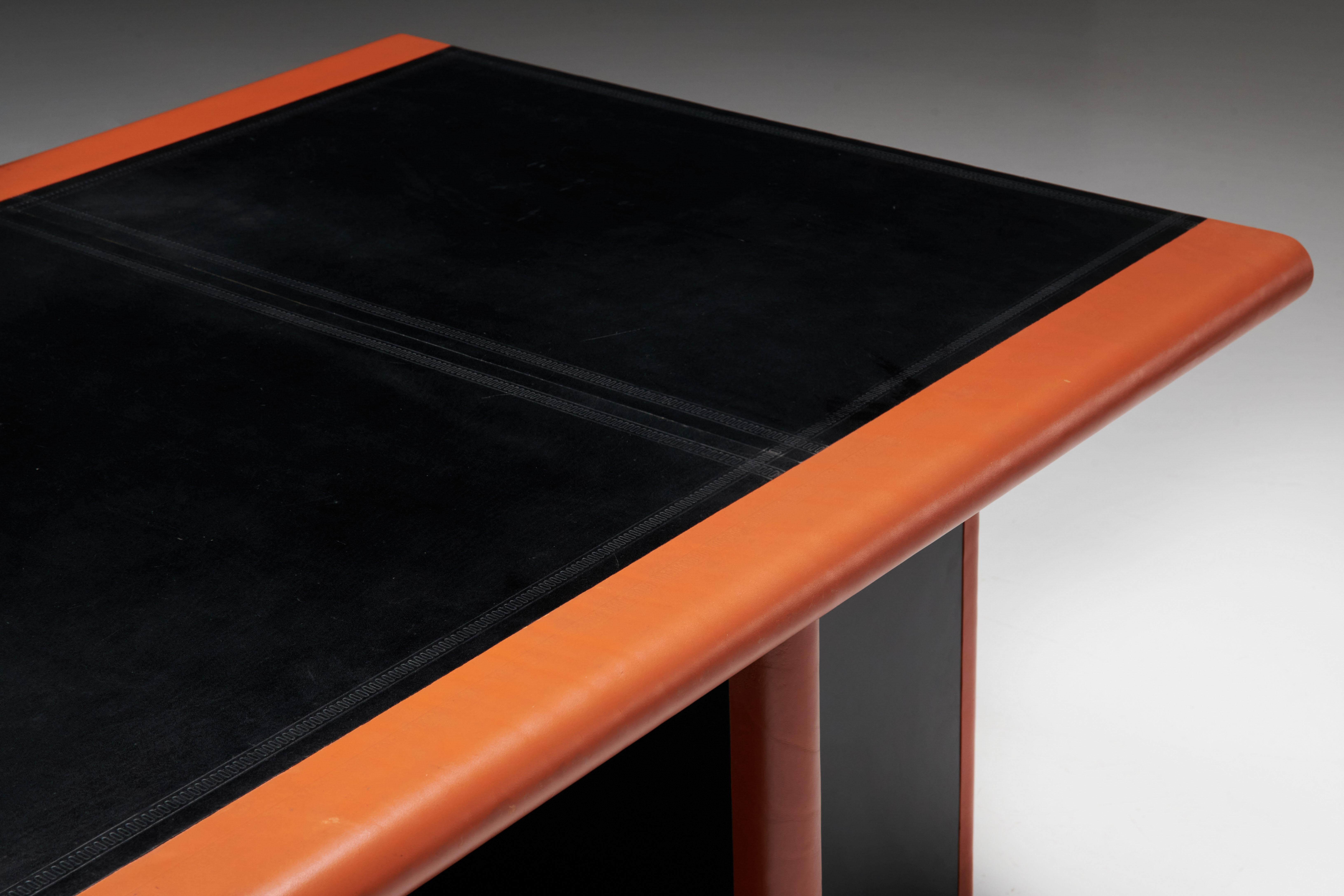 Cognac Leather Desk by Guido Faleschini for Mariani, Italy, 1970s For Sale 1