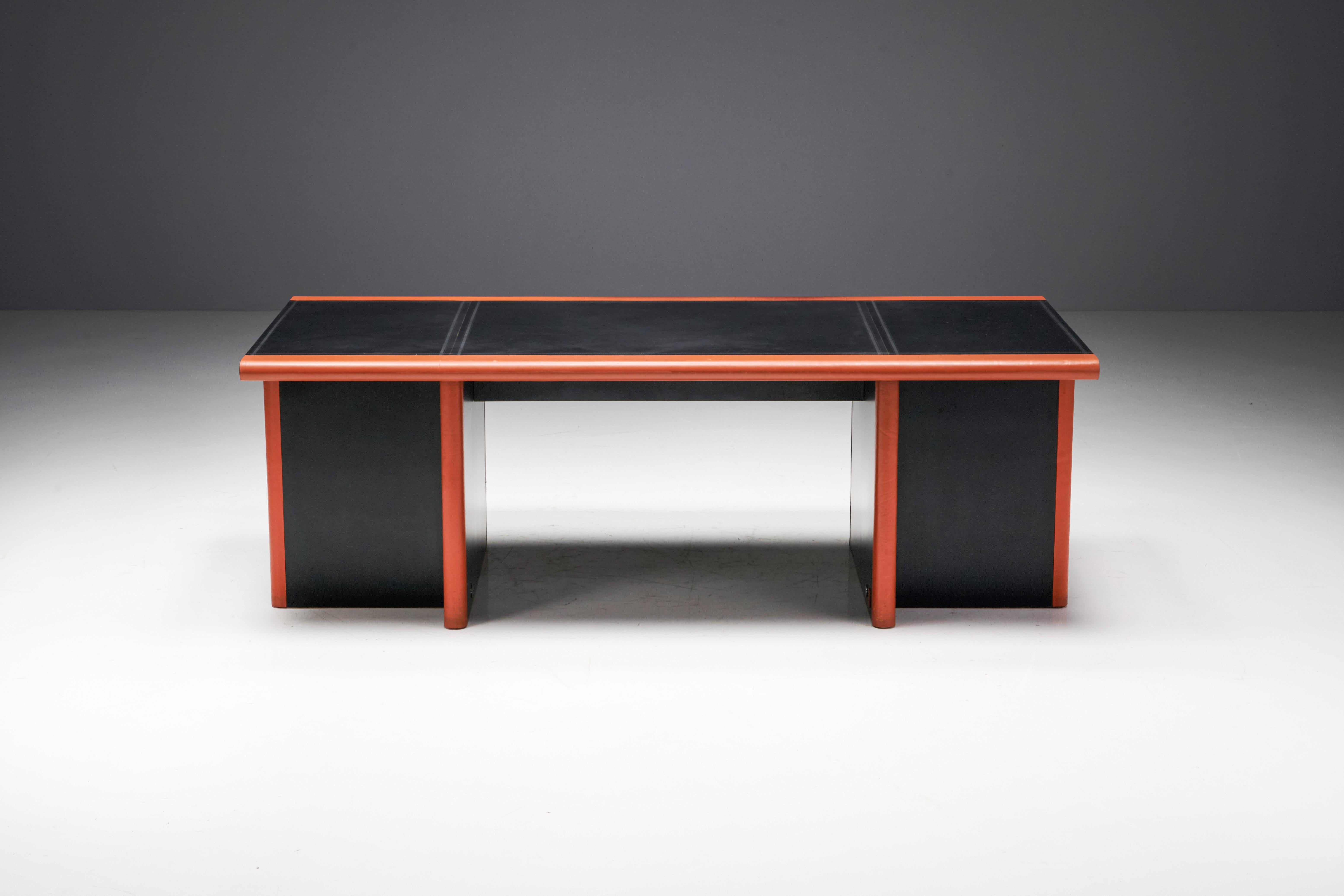 Cognac Leather Desk by Guido Faleschini for Mariani, Italy, 1970s For Sale 2