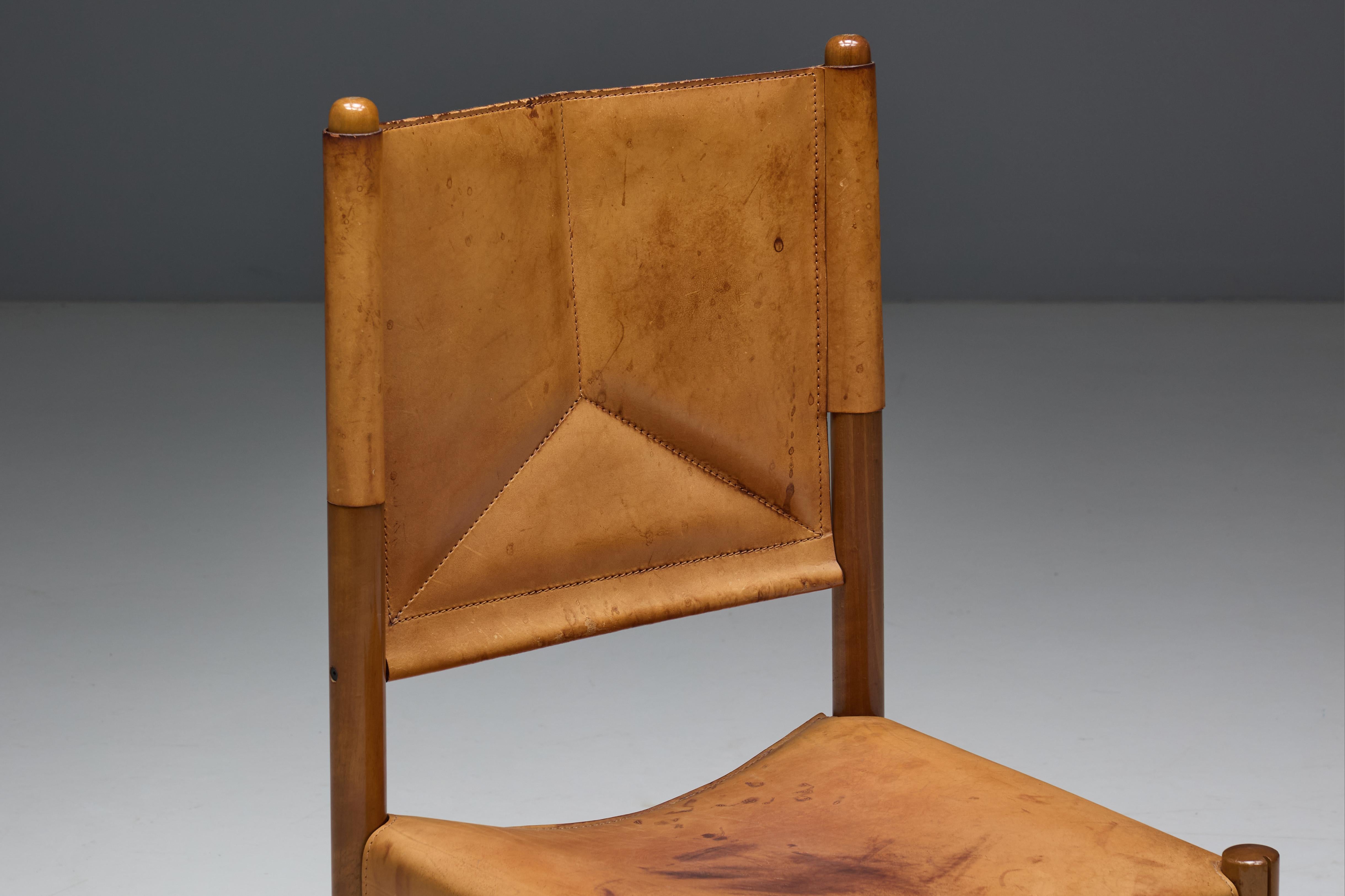 Sillas de comedor de cuero coñac, Italia, años 60 mediados del siglo XX en venta