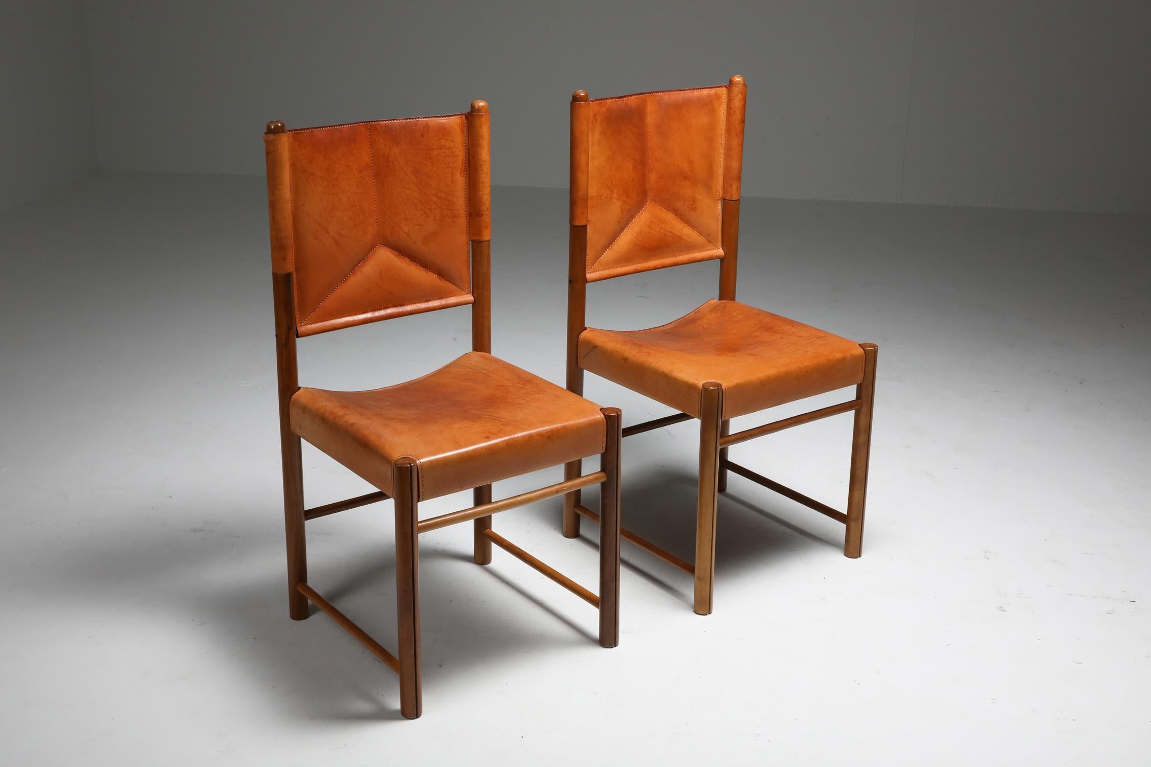 Cognac Leather Dining Chairs, Italy 1960s, Set of Four 5