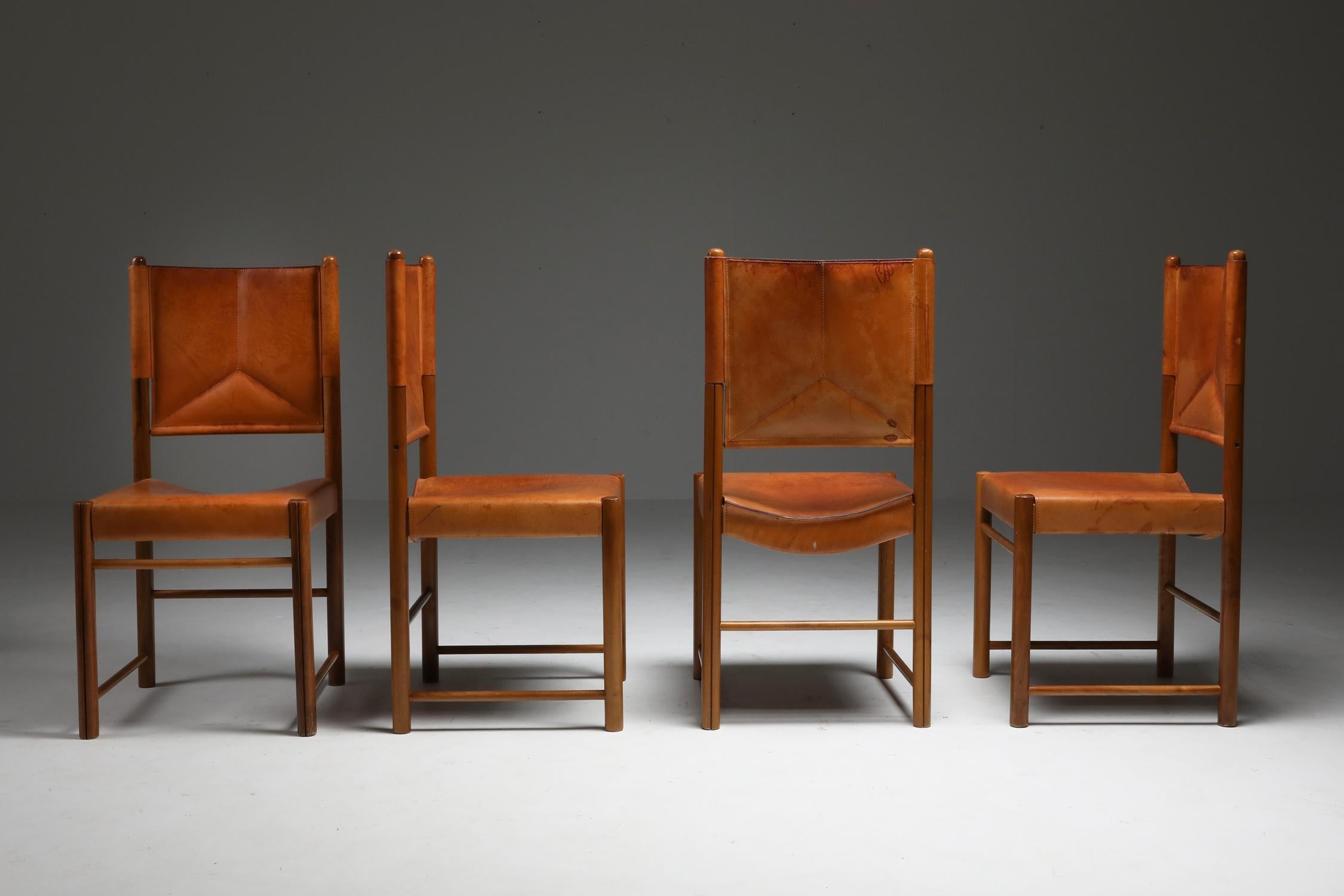Cognac Leather Dining Chairs, Italy 1960s, Set of Four 6