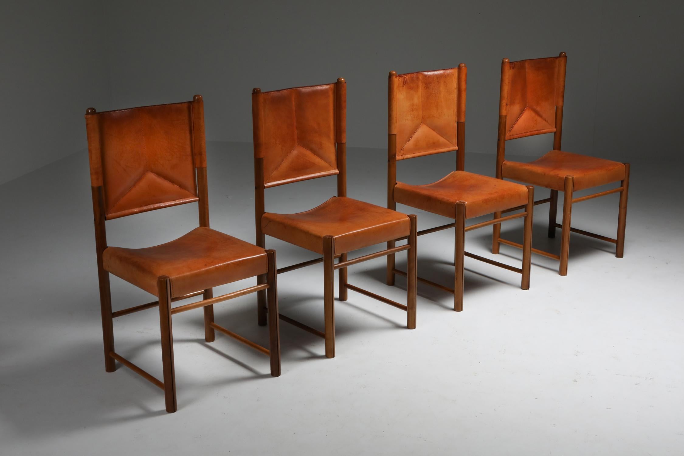 Cognac Leather Dining Chairs, Italy 1960s, Set of Four 7