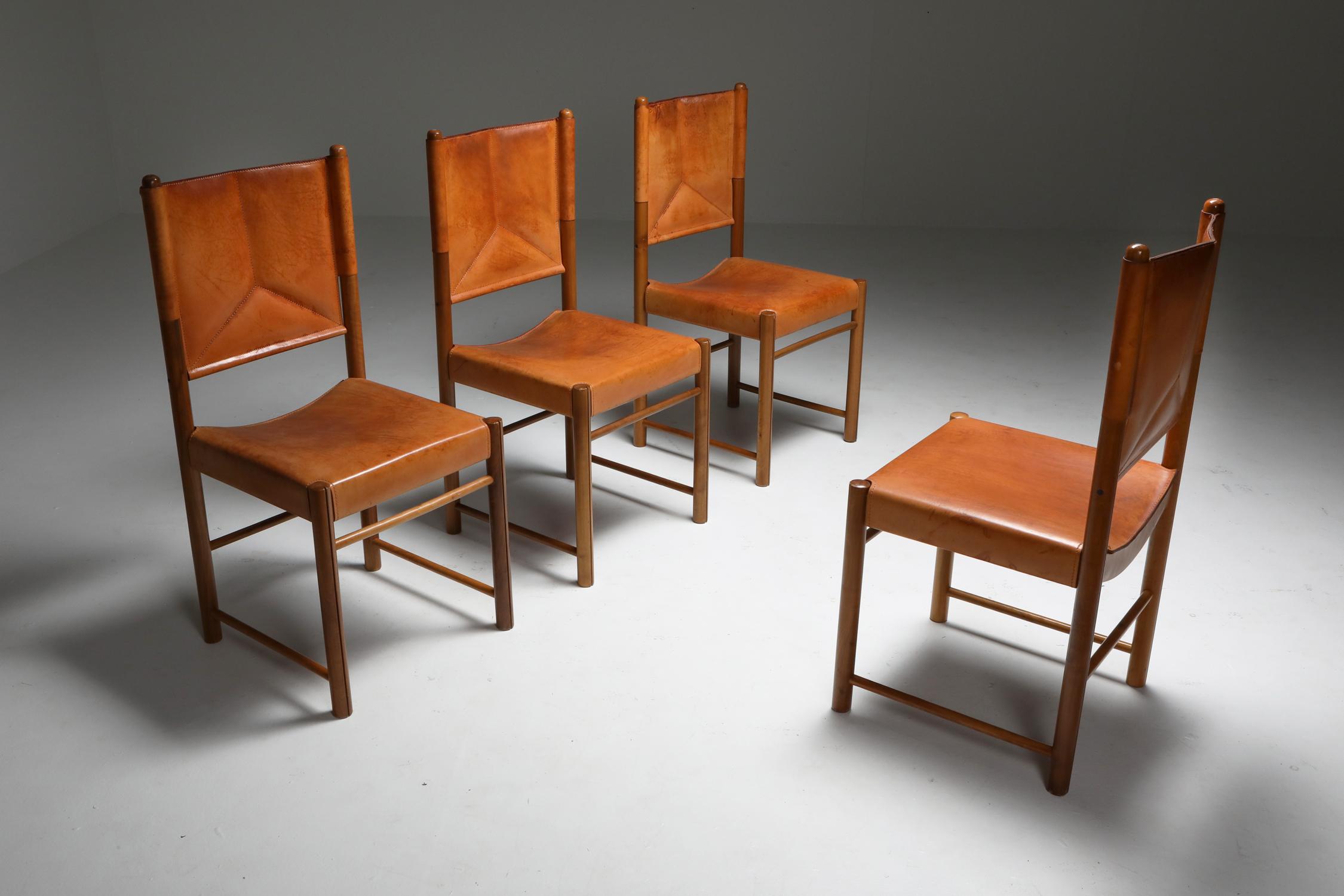 Cognac Leather Dining Chairs, Italy 1960s, Set of Four 8