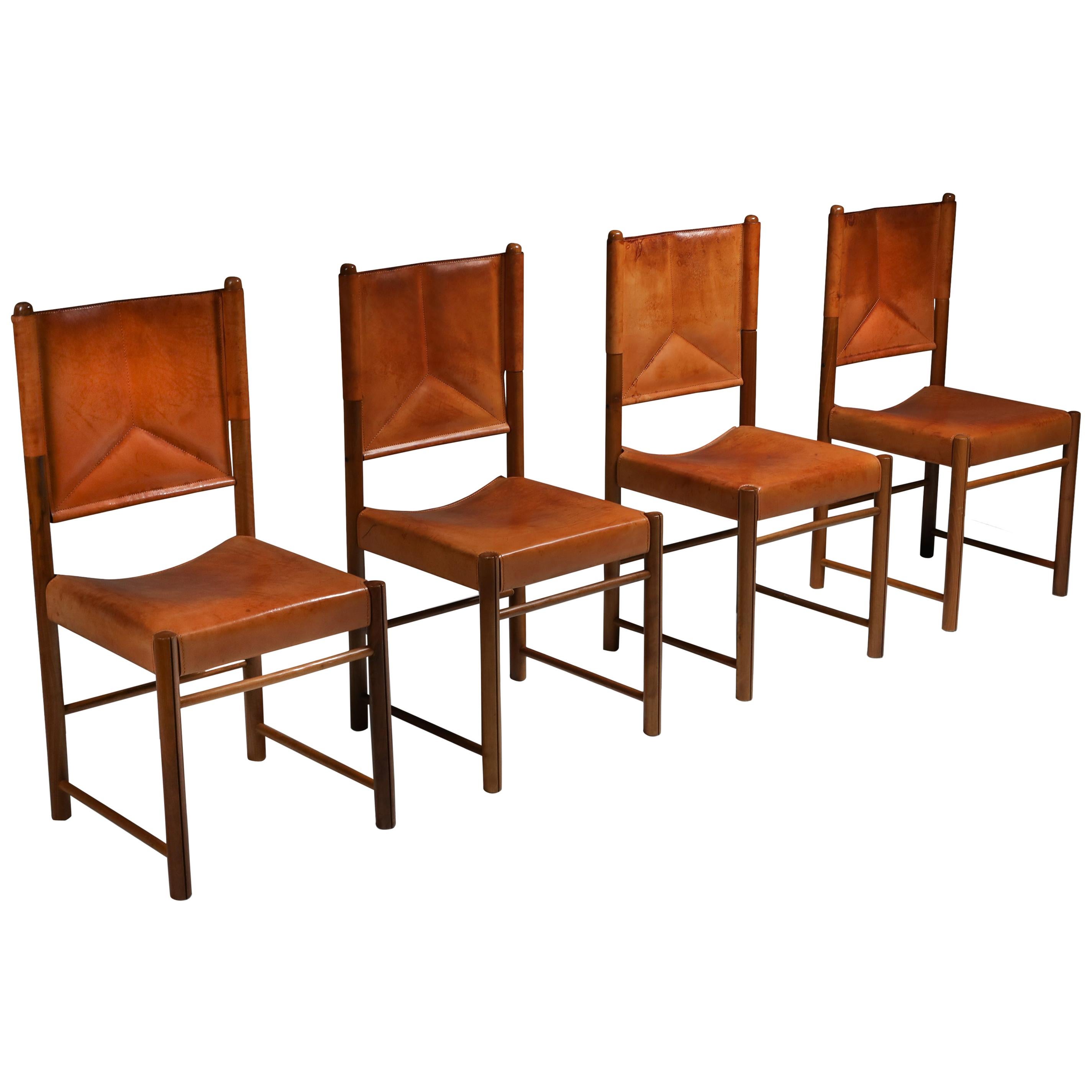 Cognac Leather Dining Chairs, Italy 1960s, Set of Four
