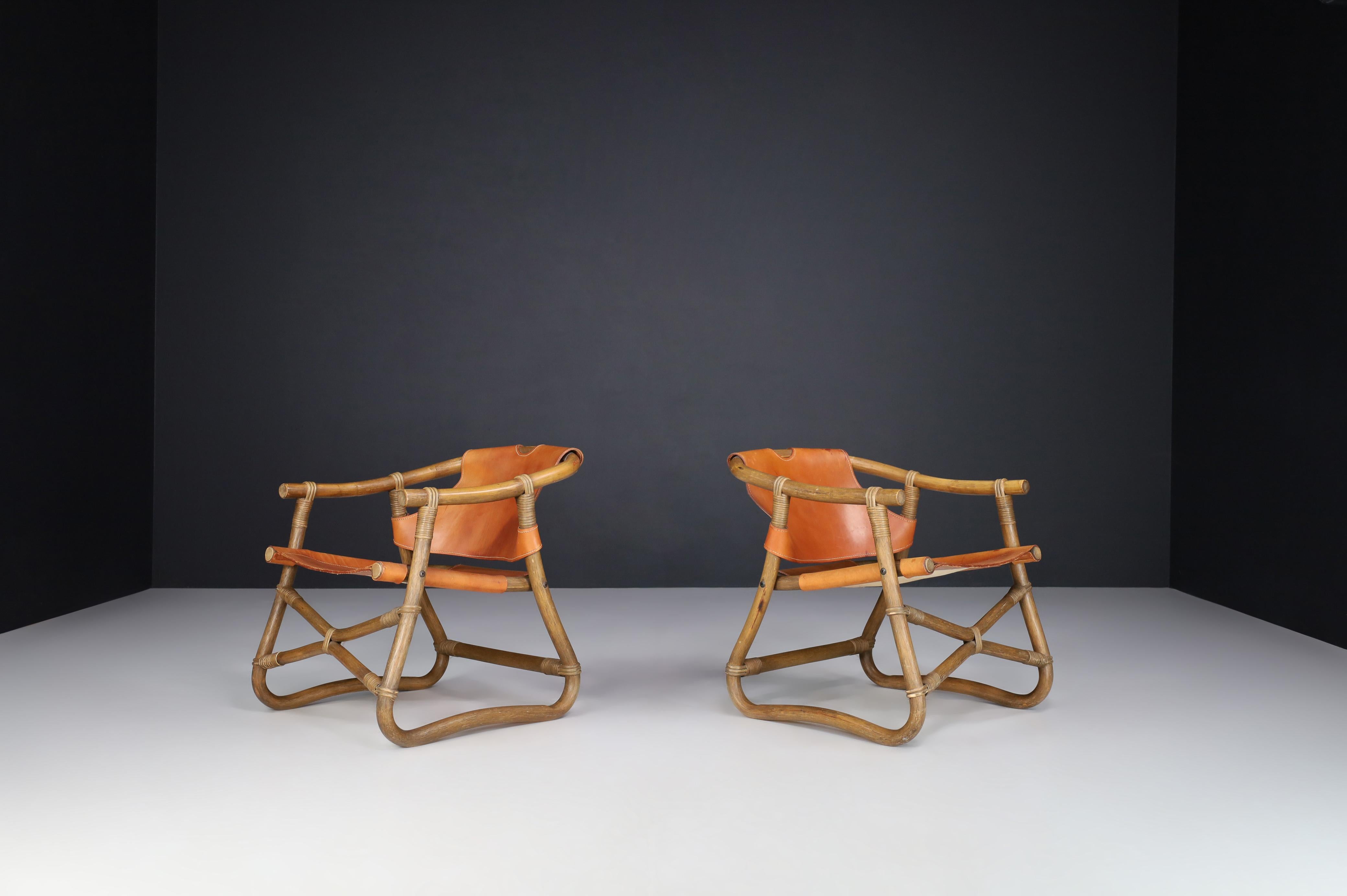 Mid-Century Modern Cognac Leather Esprit Safari Lounge Chairs by IKEA, Sweden, 1970s For Sale