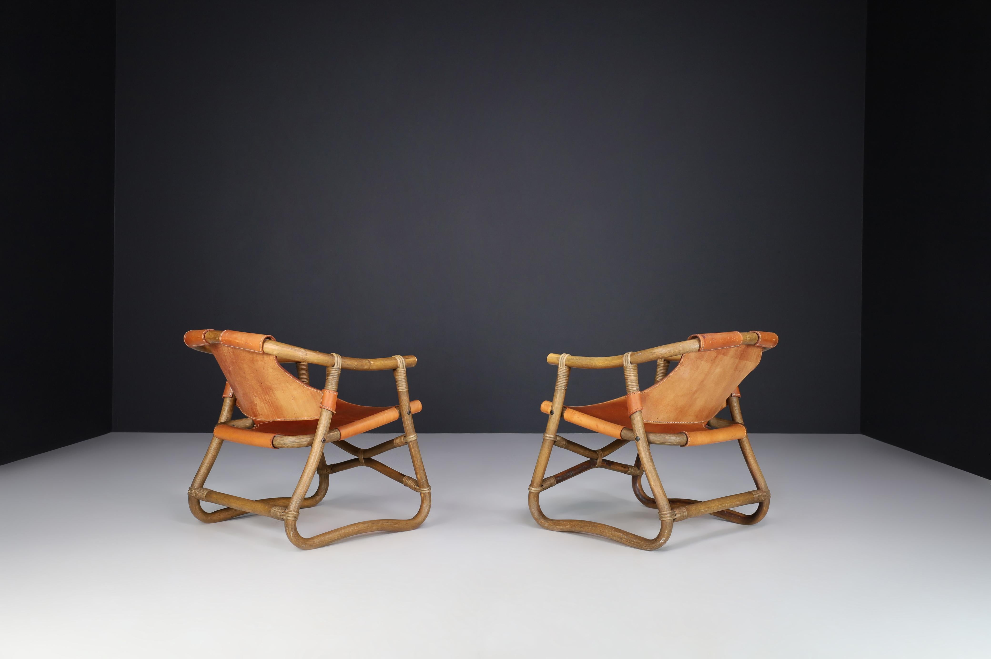 Swedish Cognac Leather Esprit Safari Lounge Chairs by IKEA, Sweden, 1970s For Sale