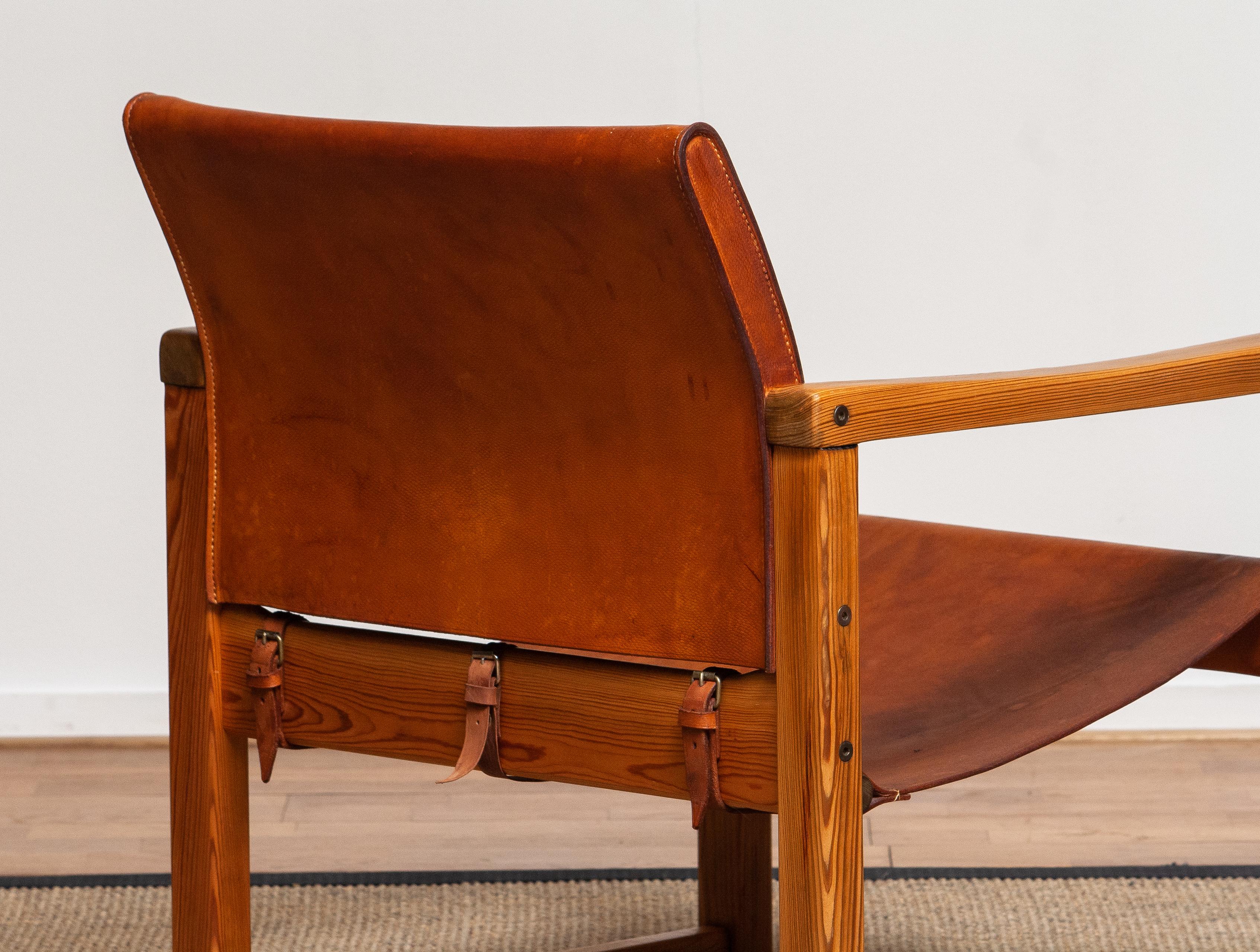 Pine Cognac Leather Karin Mobring Safari Chair Model Diana by Ikea in Sweden, 1970s
