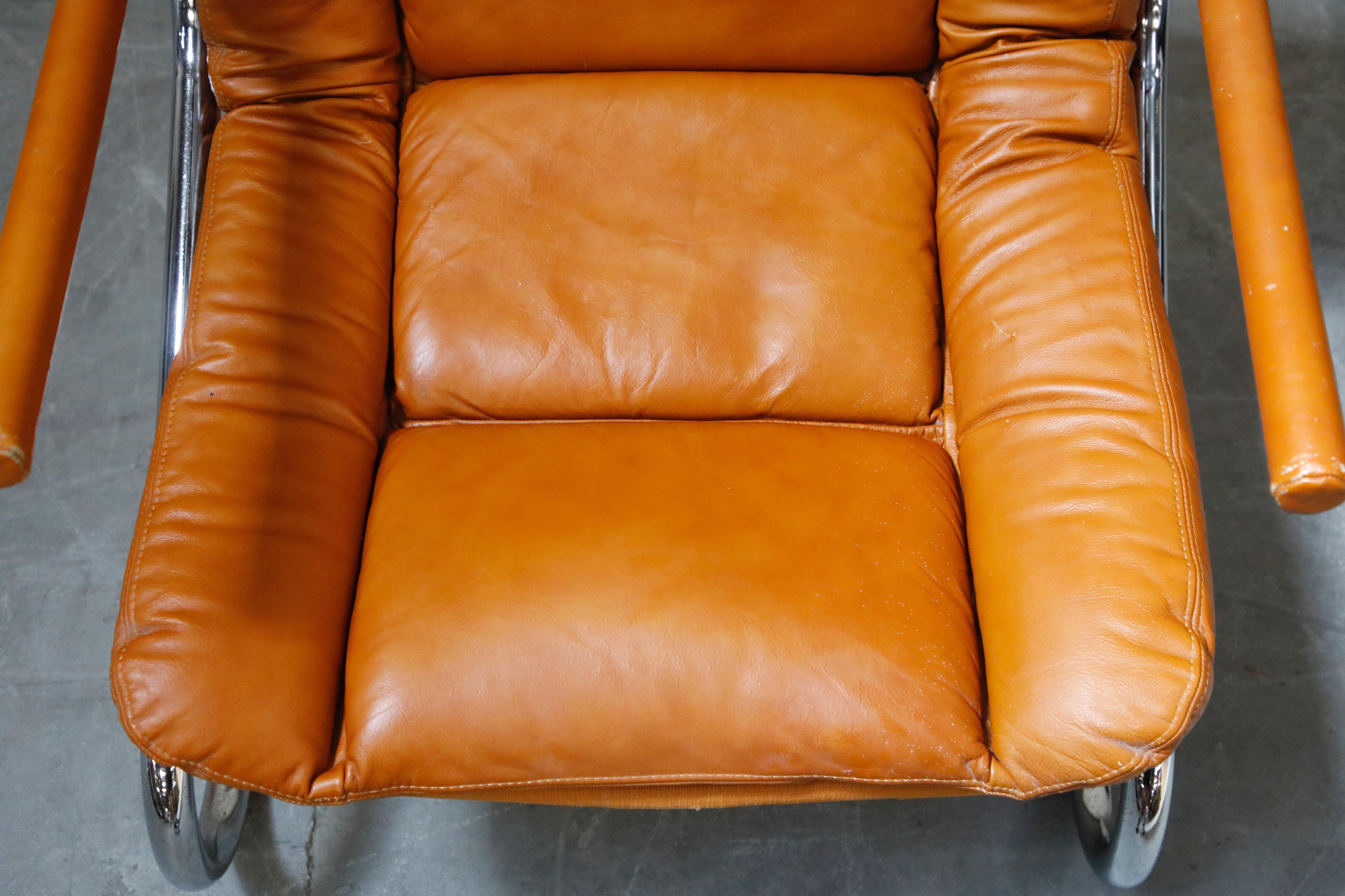 Cognac Leather Lounge Chair Attributed to Guido Faleschini for Mariani, 1970s 4