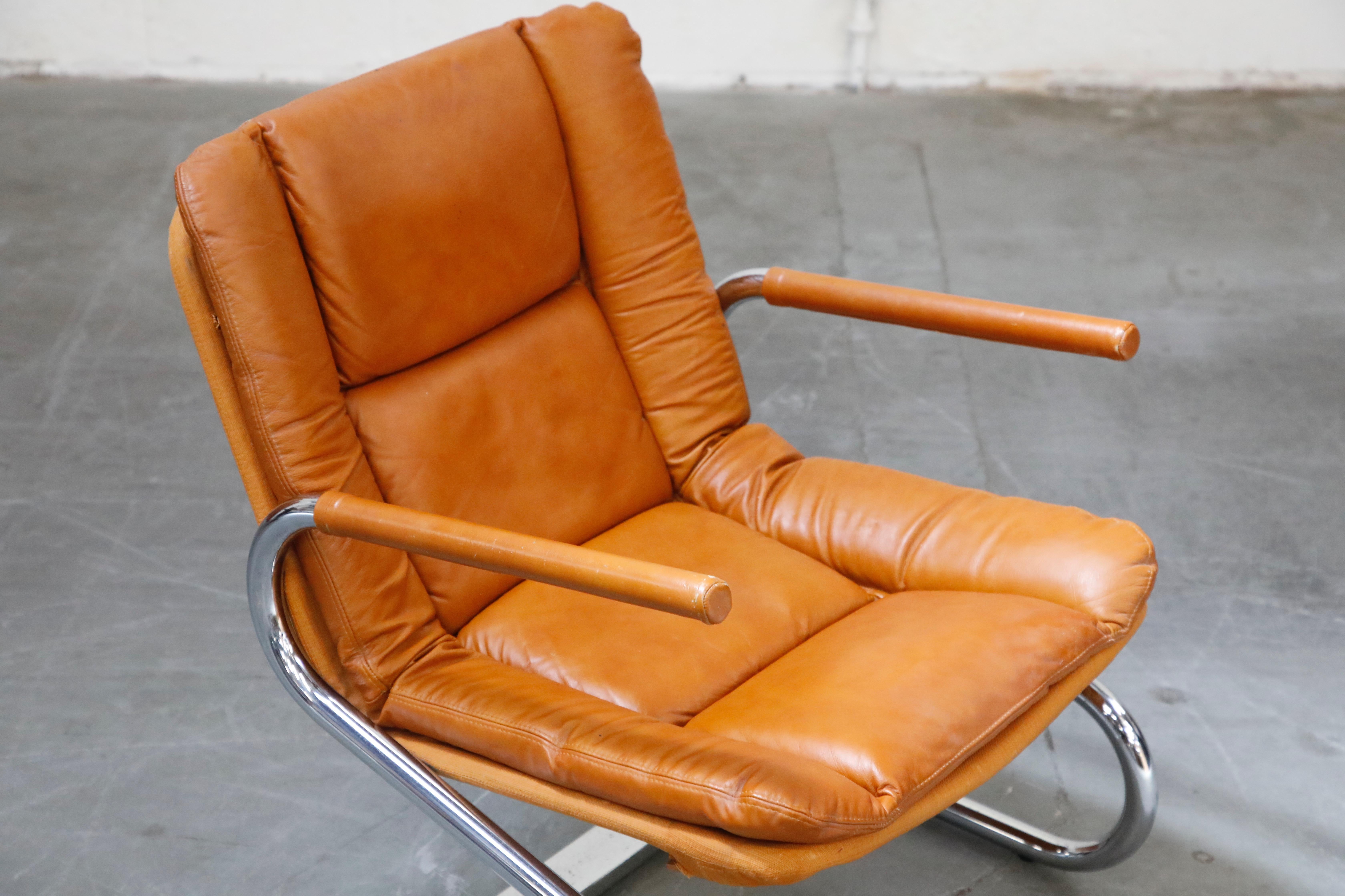 Cognac Leather Lounge Chair Attributed to Guido Faleschini for Mariani, 1970s 6