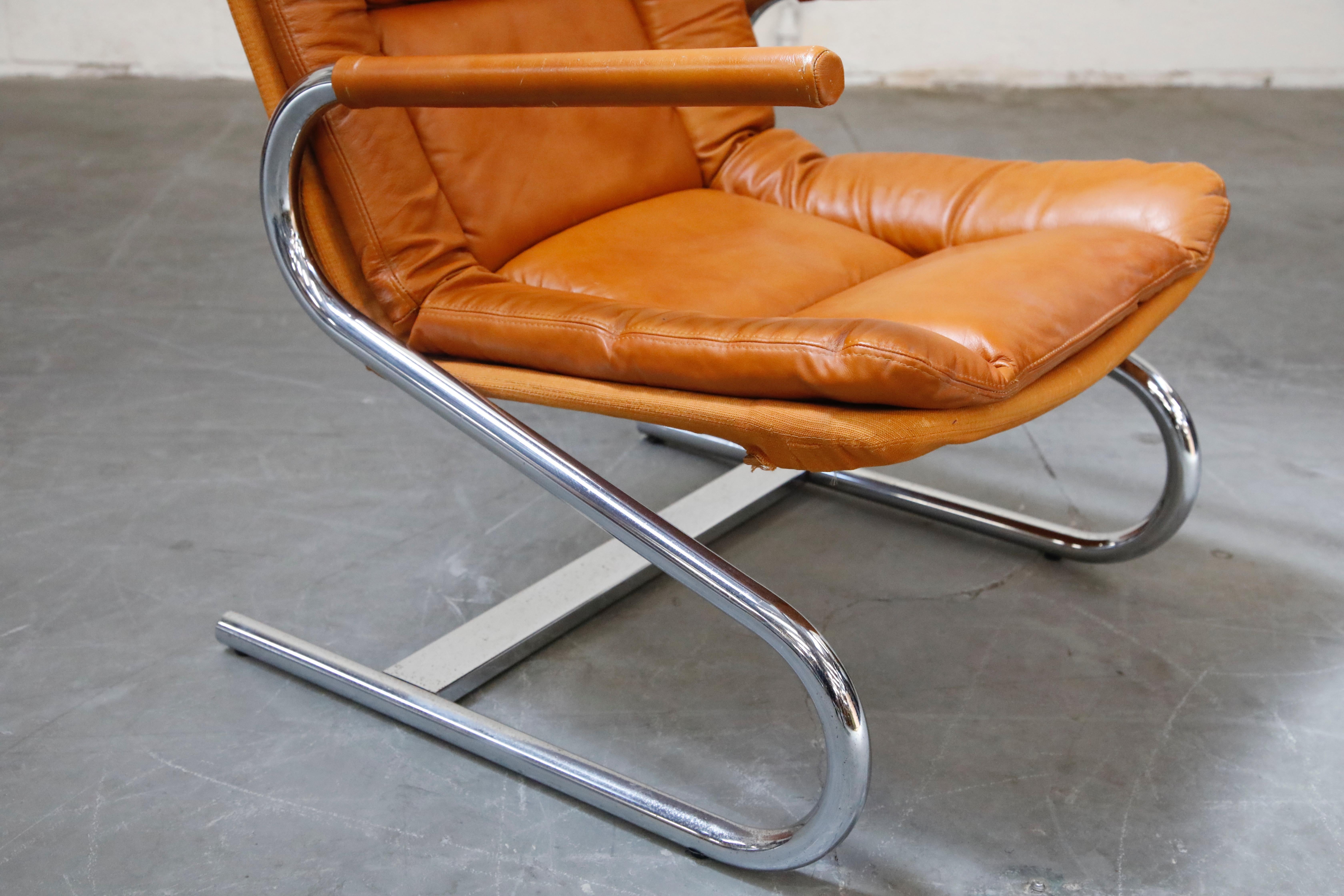 Cognac Leather Lounge Chair Attributed to Guido Faleschini for Mariani, 1970s 7